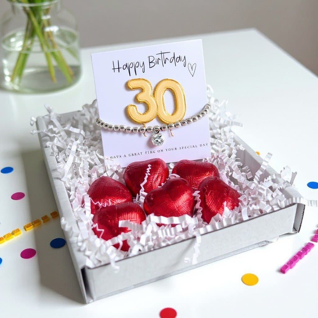 30th birthday gift box with a stretch bracelet and chocolate hearts