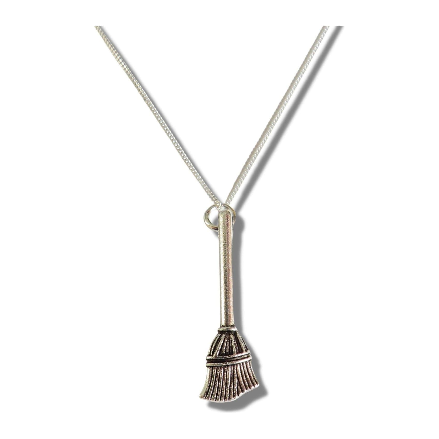 Silver broom pendant necklace on a chain