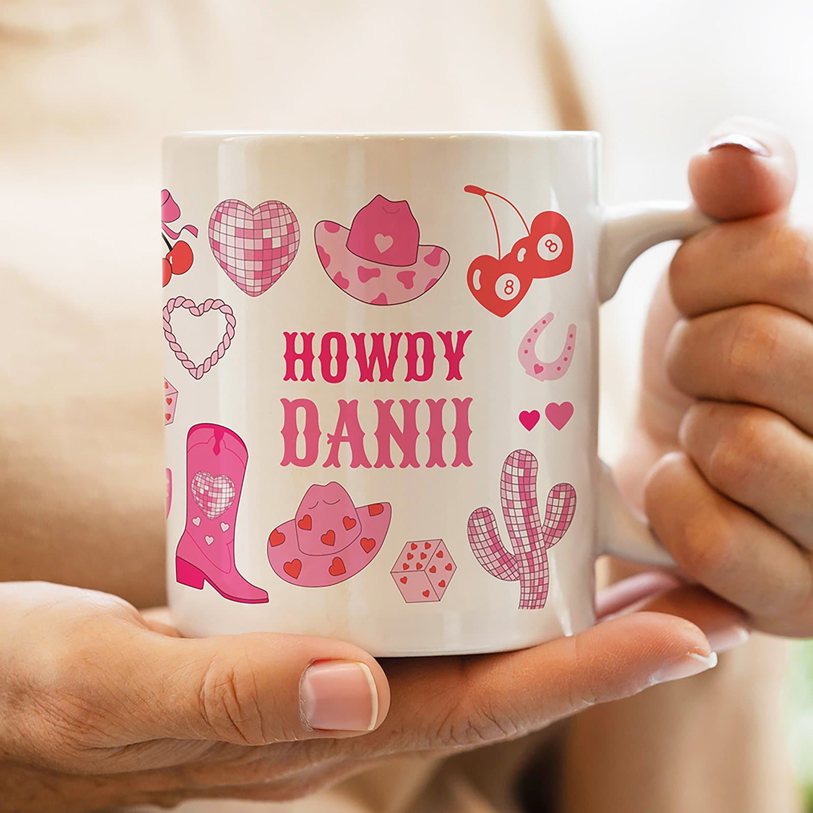 Pink ceramic cowgirl mug with personalised text