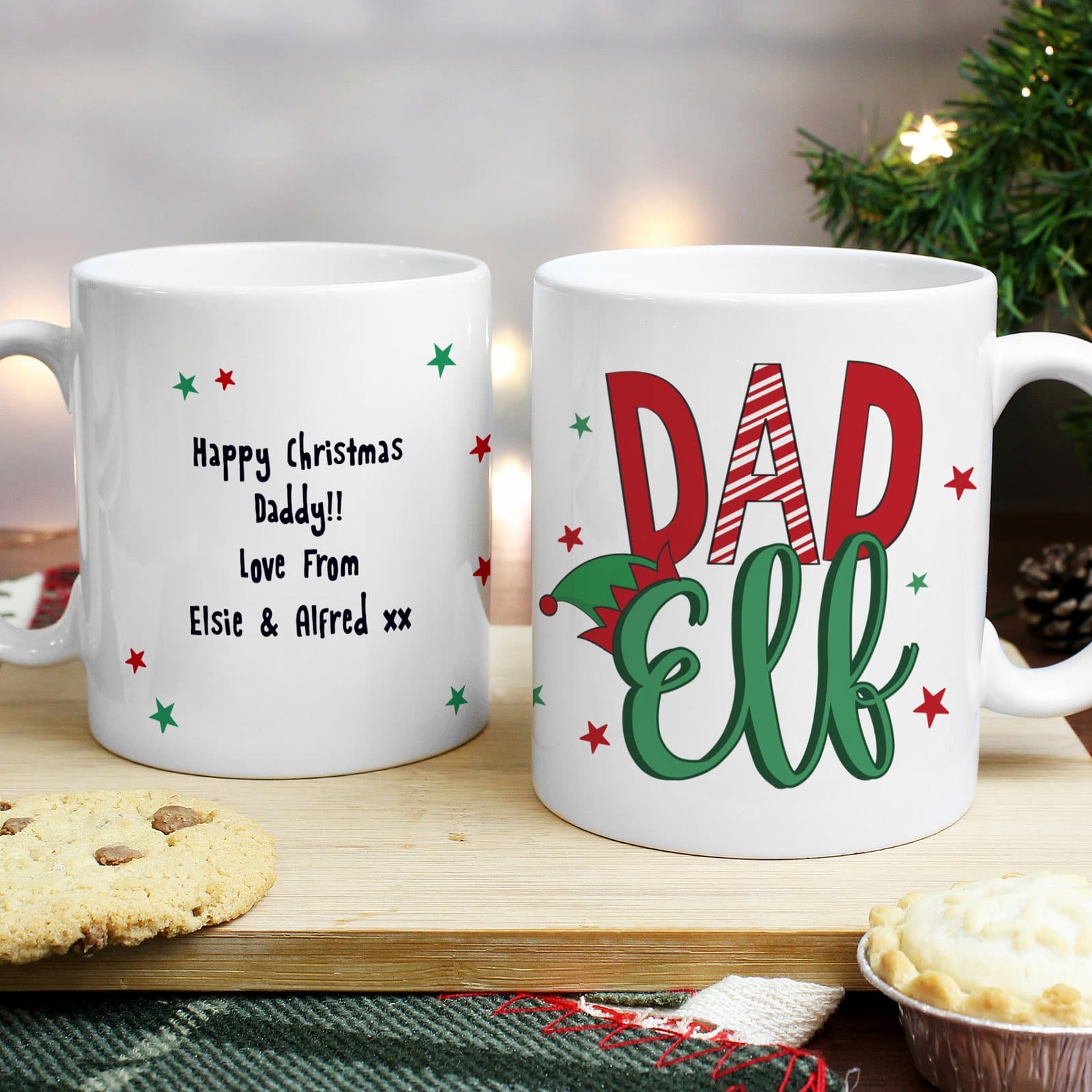 Personalised ceramic Christmas mug with Dad Elf text