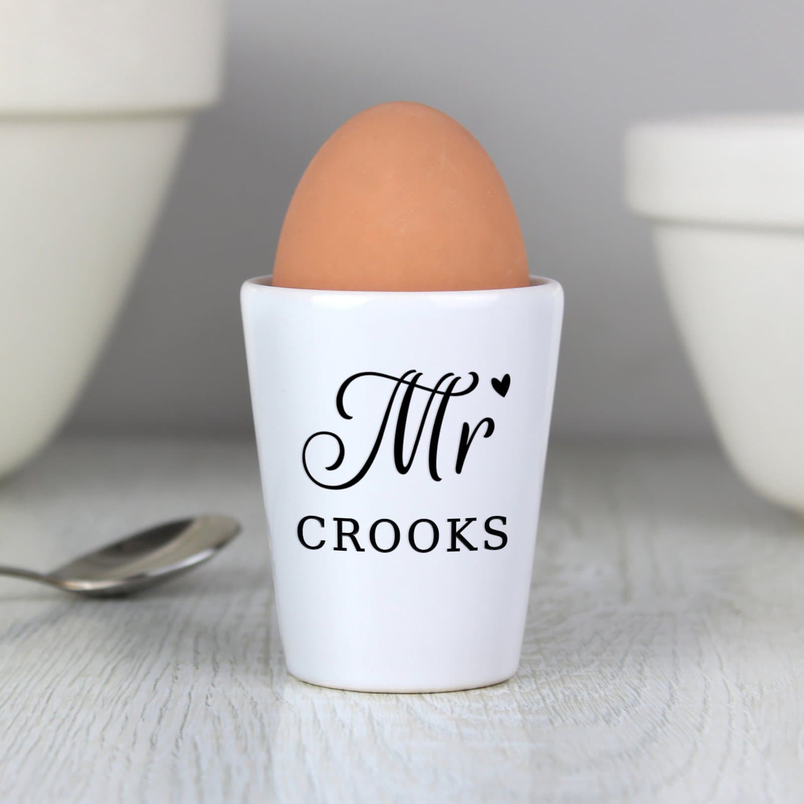 Ceramic Mr egg cup personalised with a surname