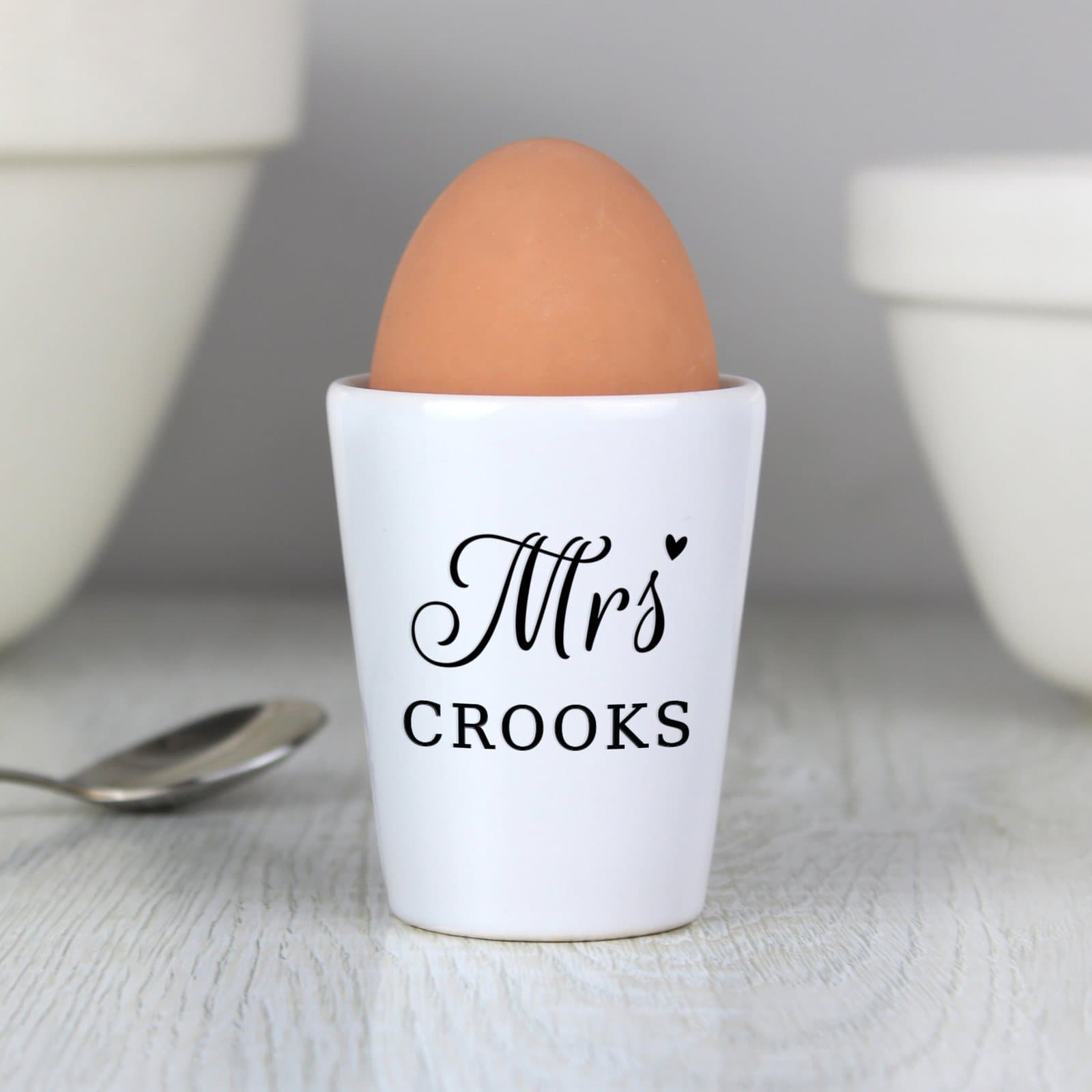 Ceramic Mrs egg cup personalised with a surname