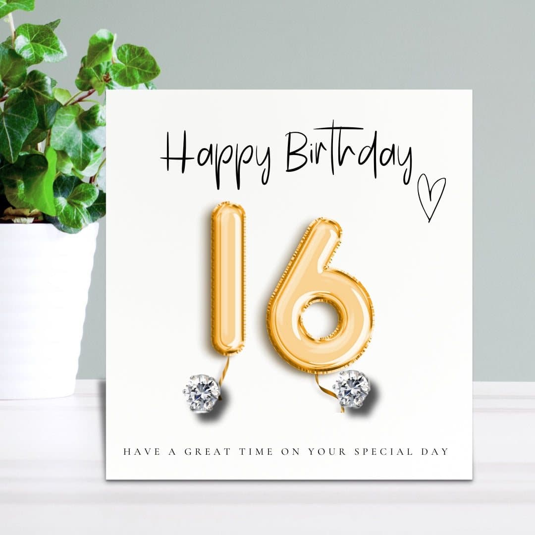16th birthday cubic zirconia stud earrings with a gold balloons message card