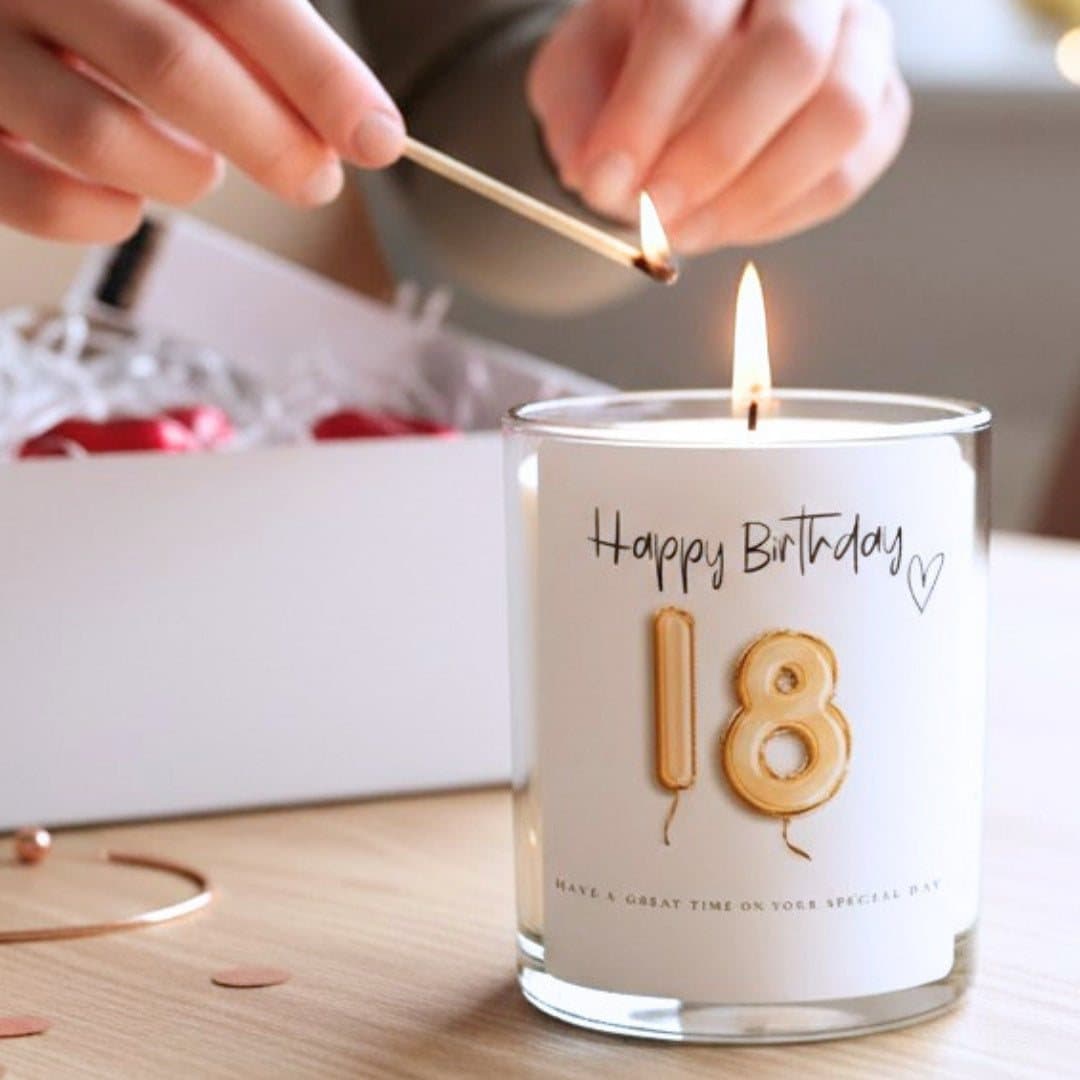 Personalised 18th birthday candle set with gold balloon design