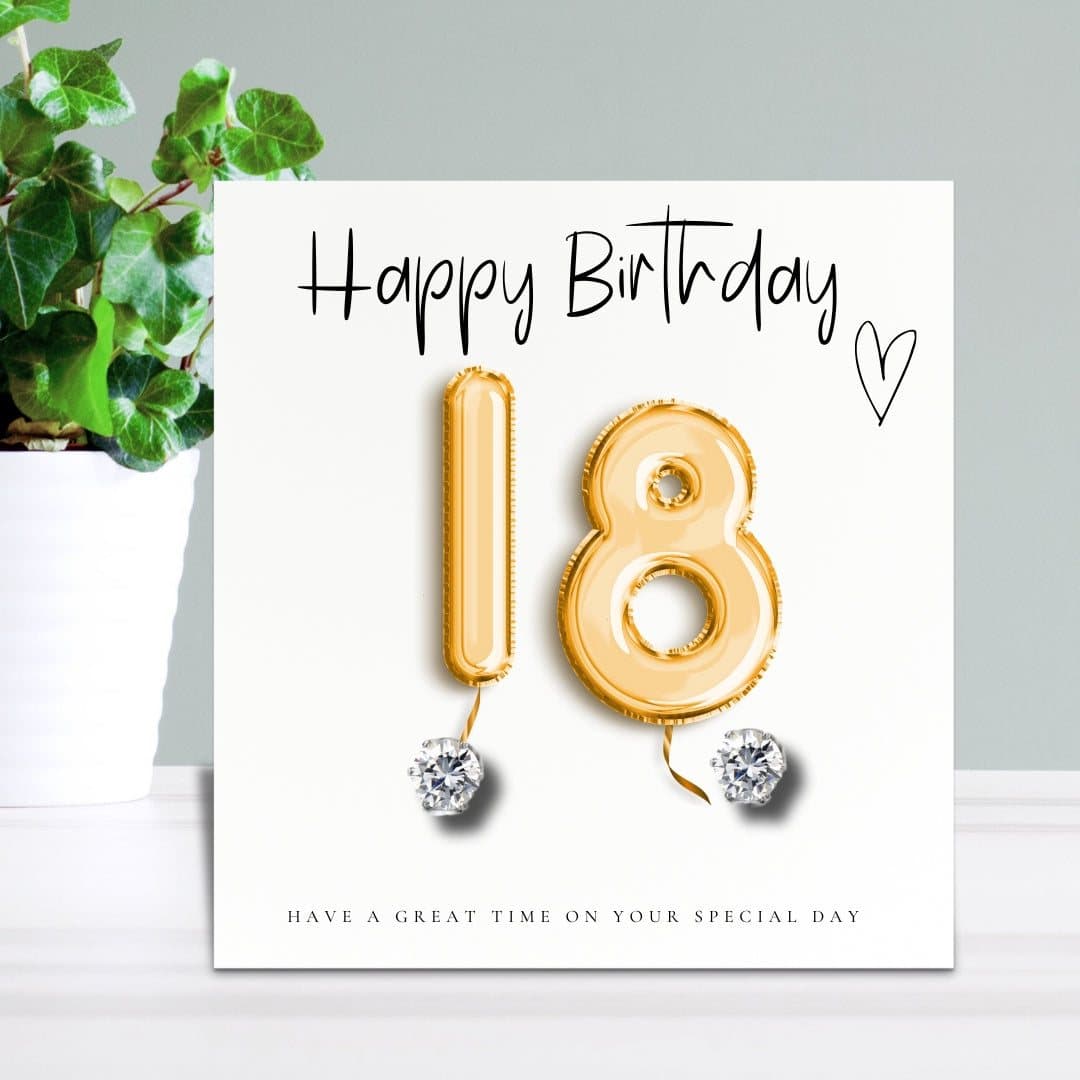 Cubic zirconia stud earrings and a gold balloons message card for an 18th birthday
