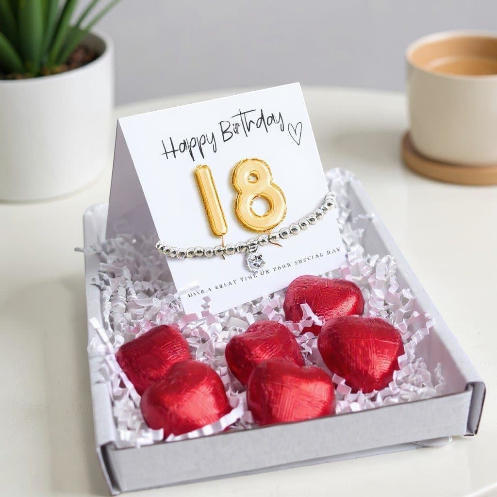 18th birthday gift box with a cubic zirconia beaded bracelet and chocolate hearts