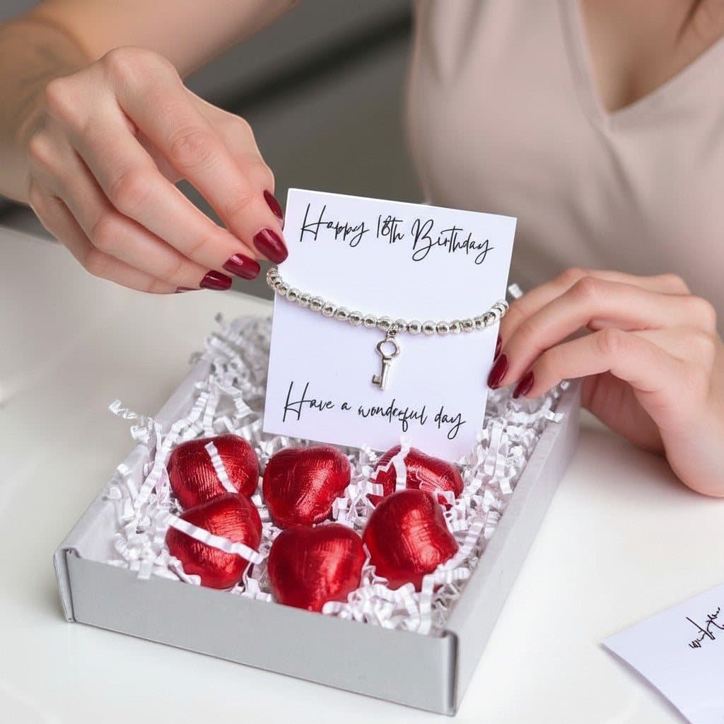 18th birthday gift box with silver key bracelet, card and chocolate hearts