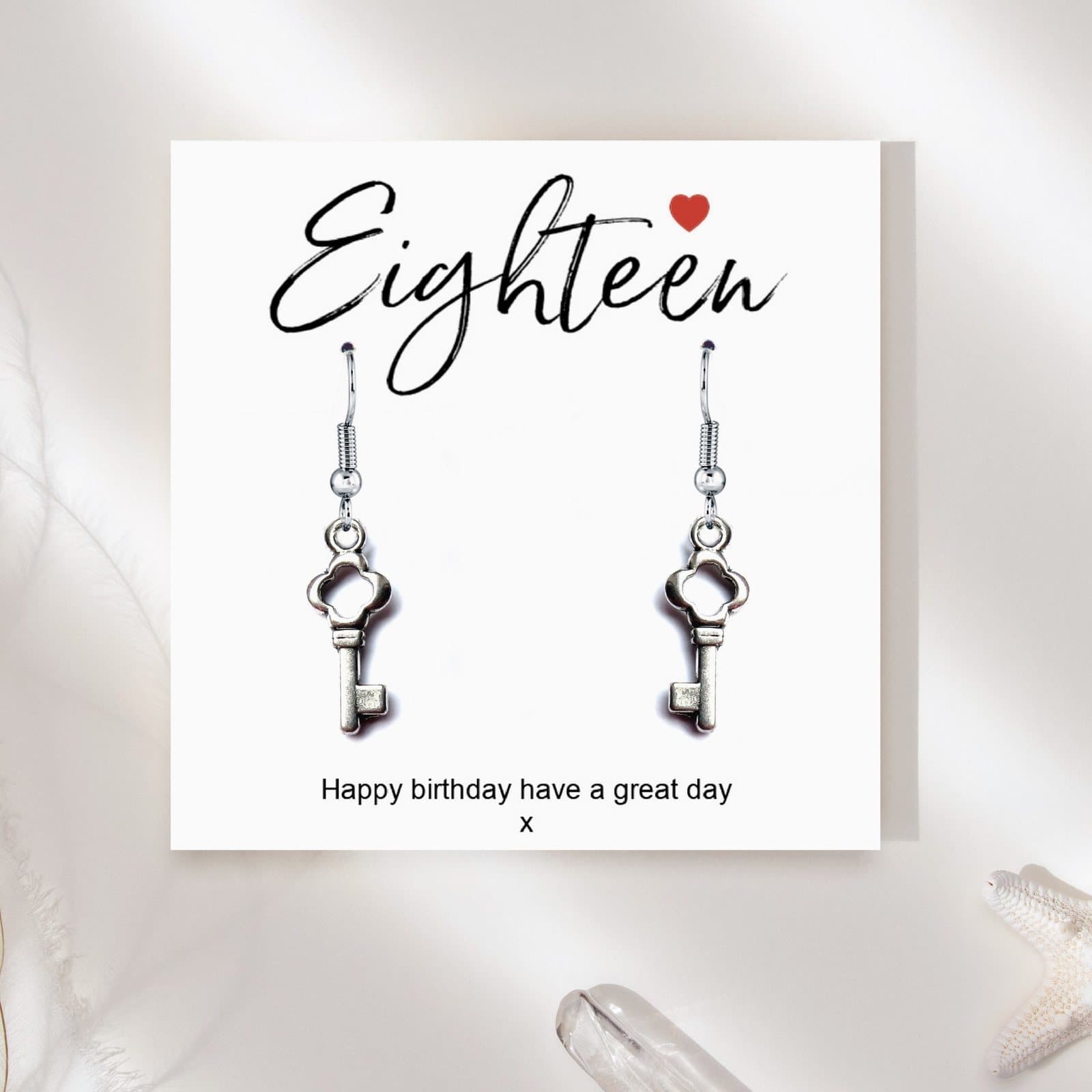 18th birthday silver key charm drop earrings with a message card