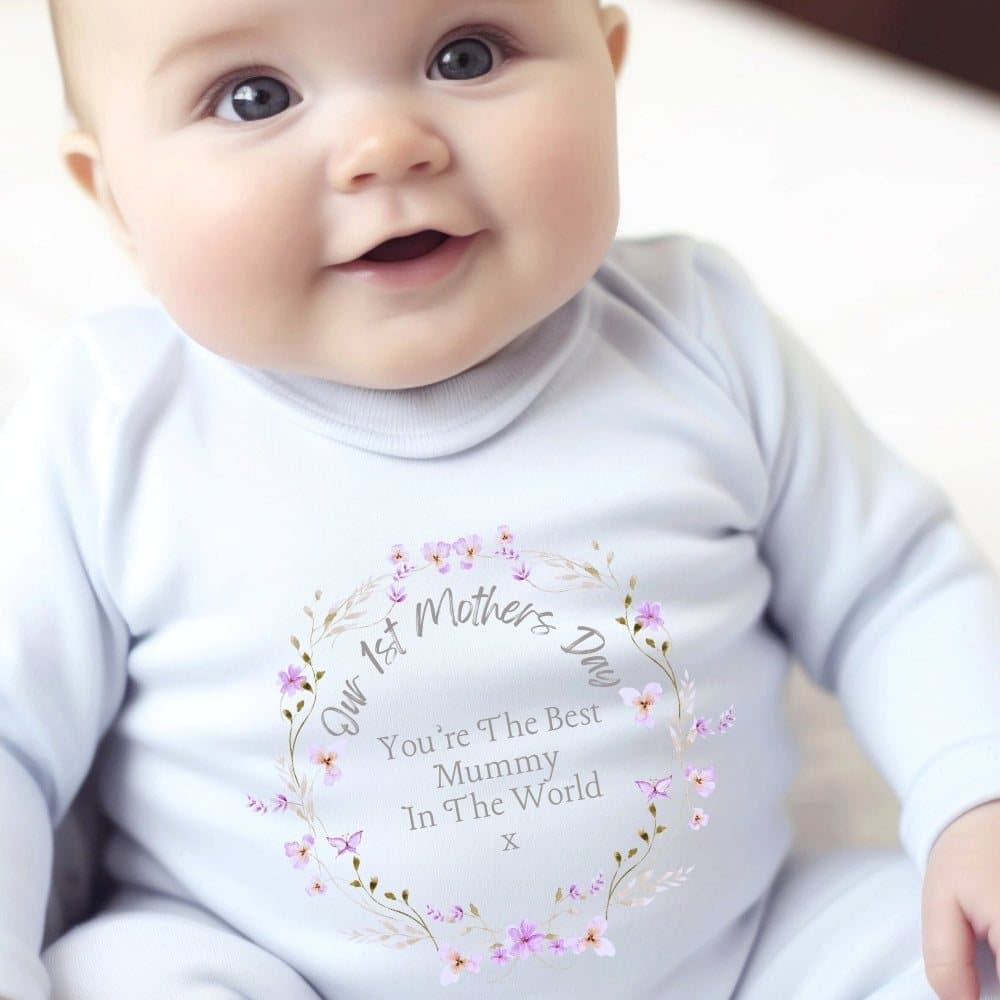 Floral babygrow printed with Our 1st Mother's Day wording