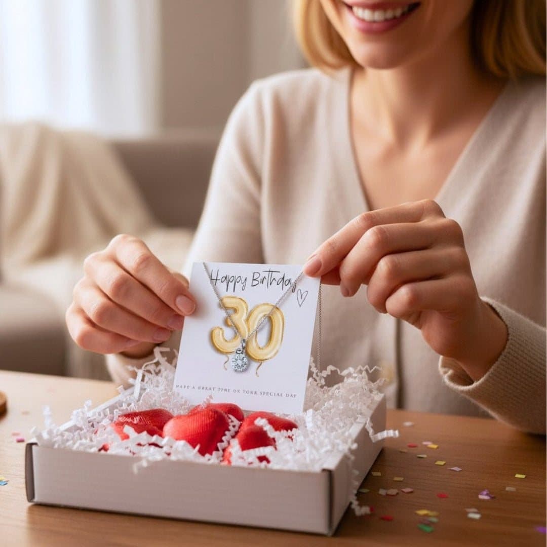 30th birthday necklace gift box with cubic zirconia charm and chocolate hearts