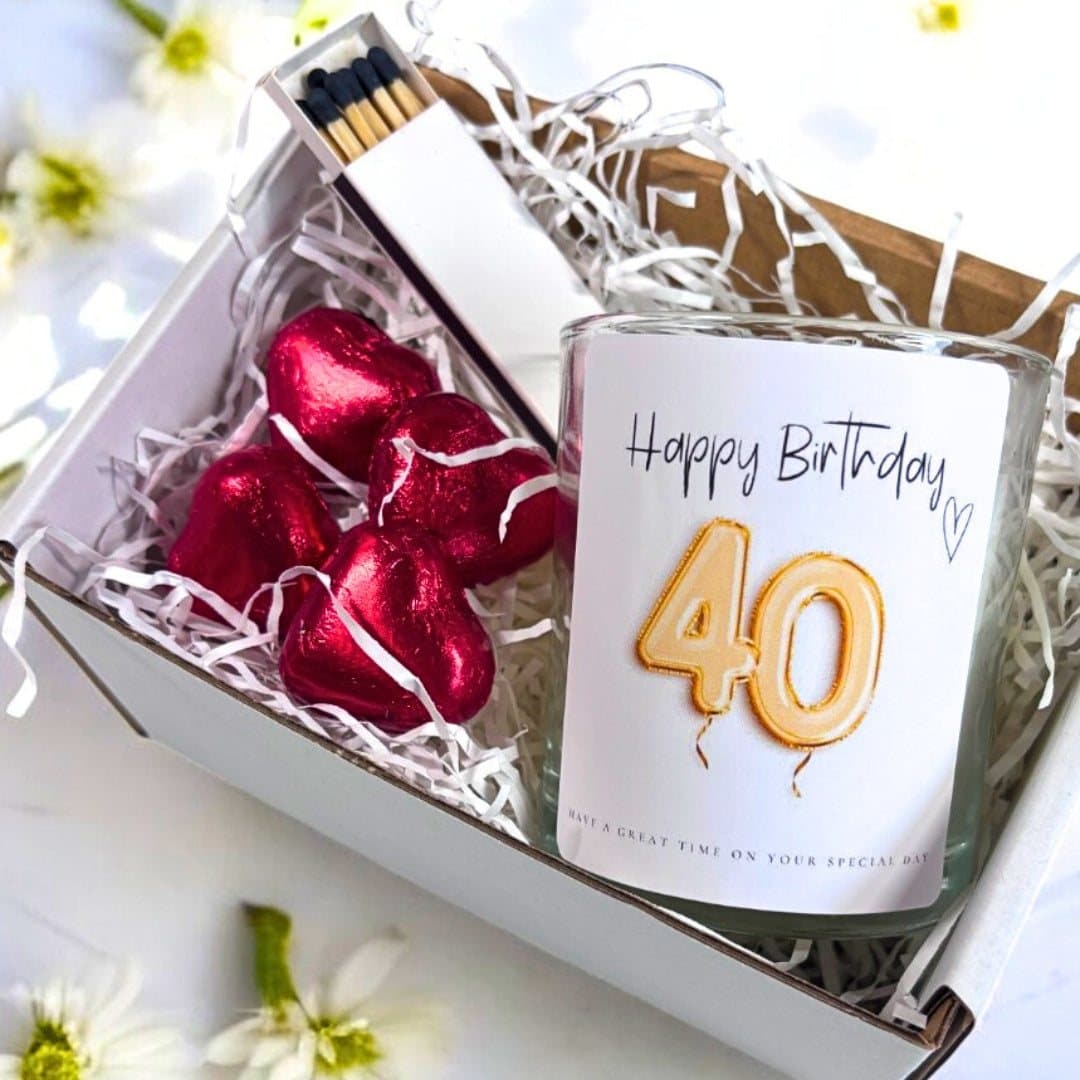 Gold balloon 40th birthday candle gift set with chocolate hearts and matches