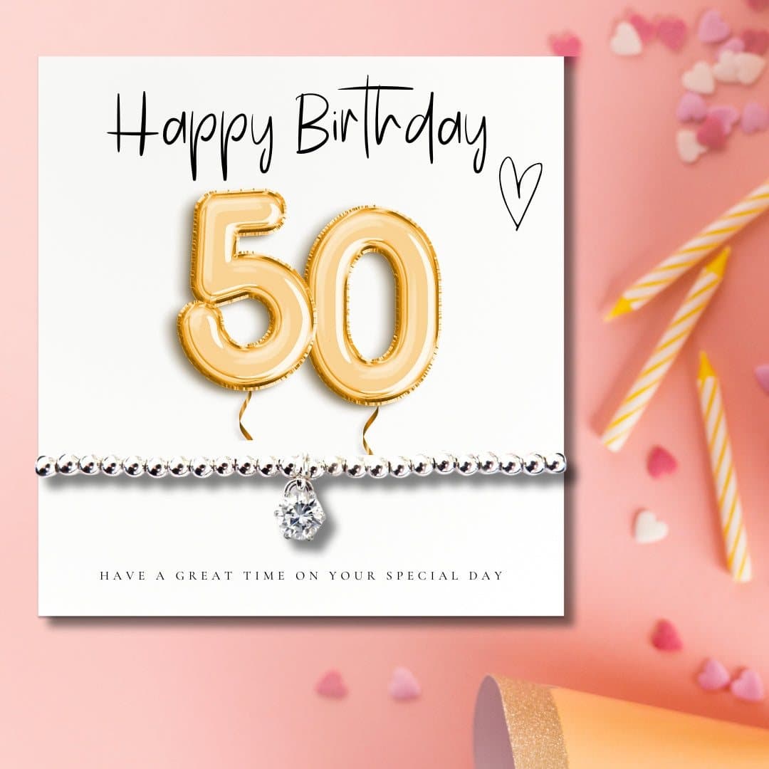Silver stretch bracelet and gold balloons 50th birthday card