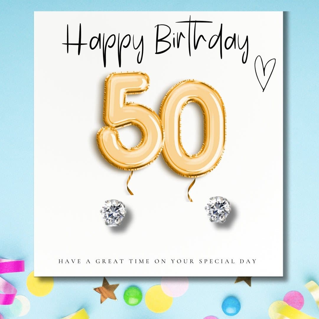 Silver cubic zirconia stud earrings with a gold balloons message card