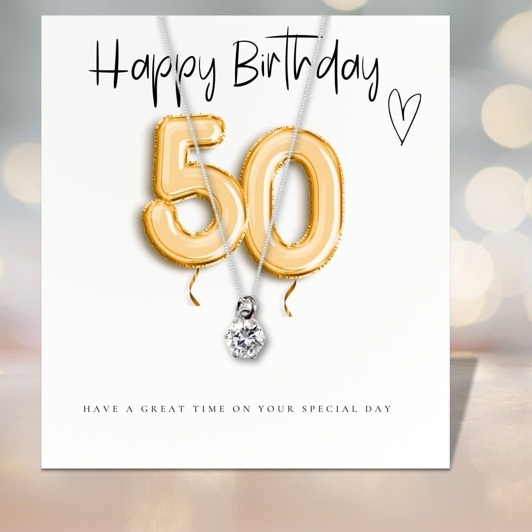 50th birthday cubic zirconia necklace on a silver chain, with a message card