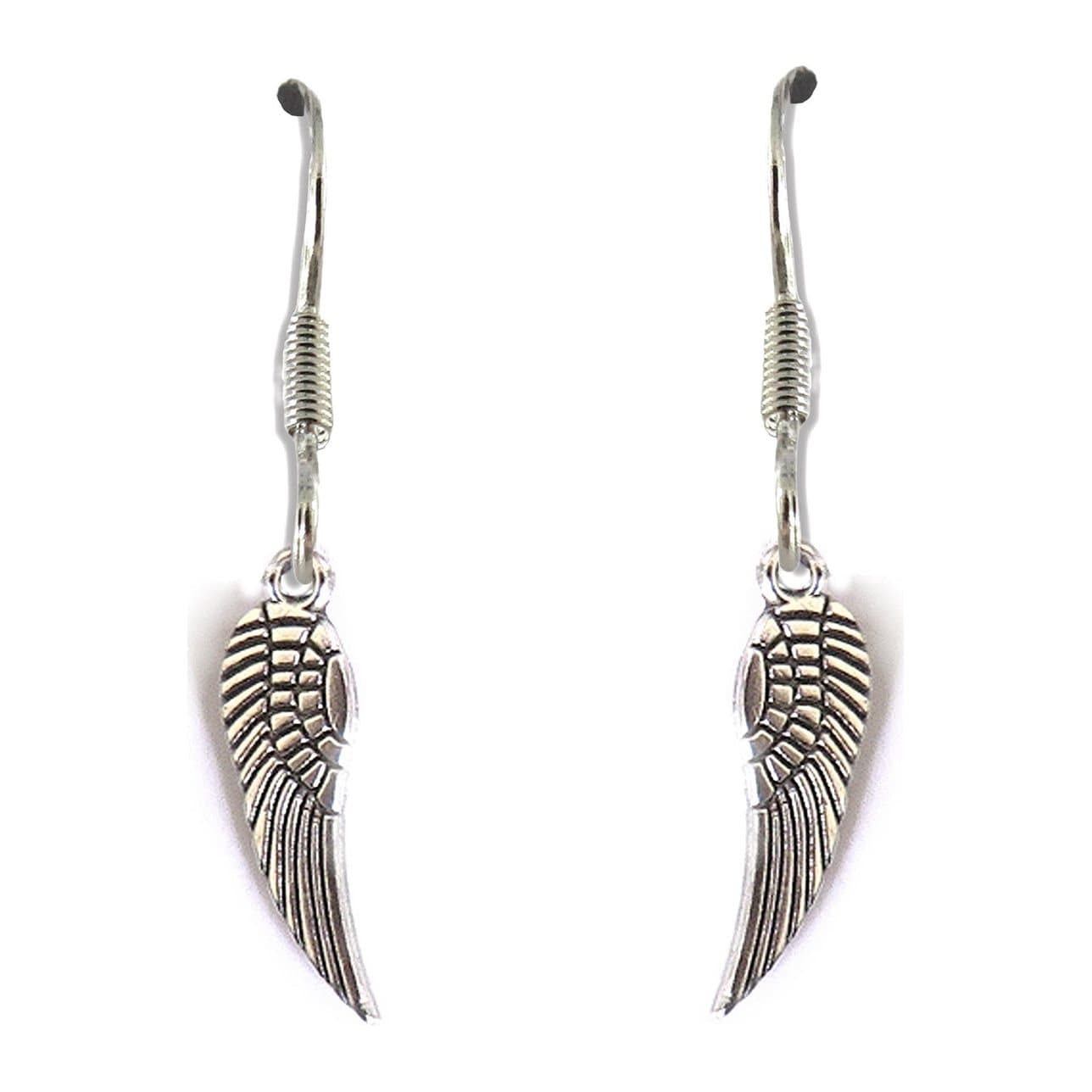 Silver plated angel wing drop earrings with an antique finish charm