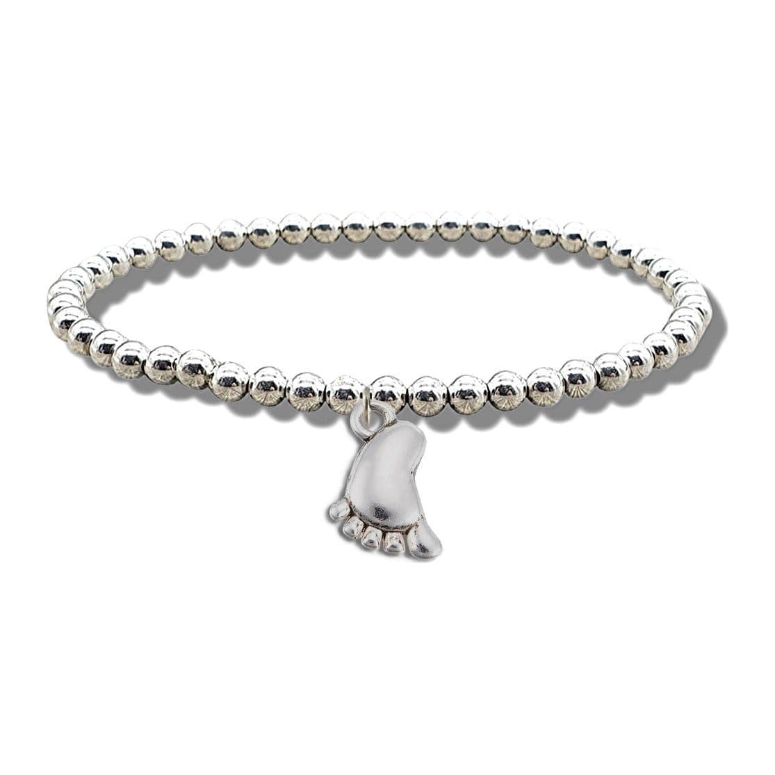 Silver beaded stretch bracelet with a baby foot charm