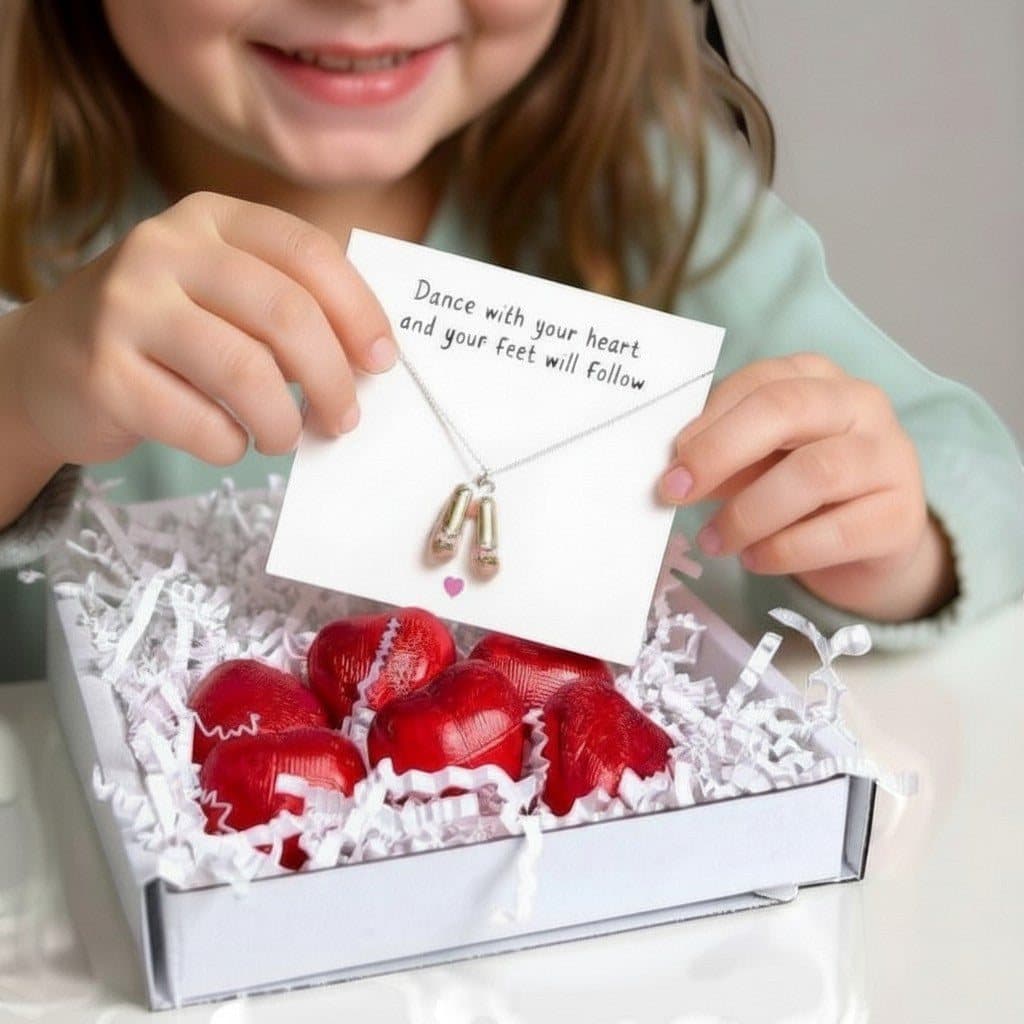 Pink ballet shoes charm necklace in a gift hamper with red foiled milk chocolate hearts.