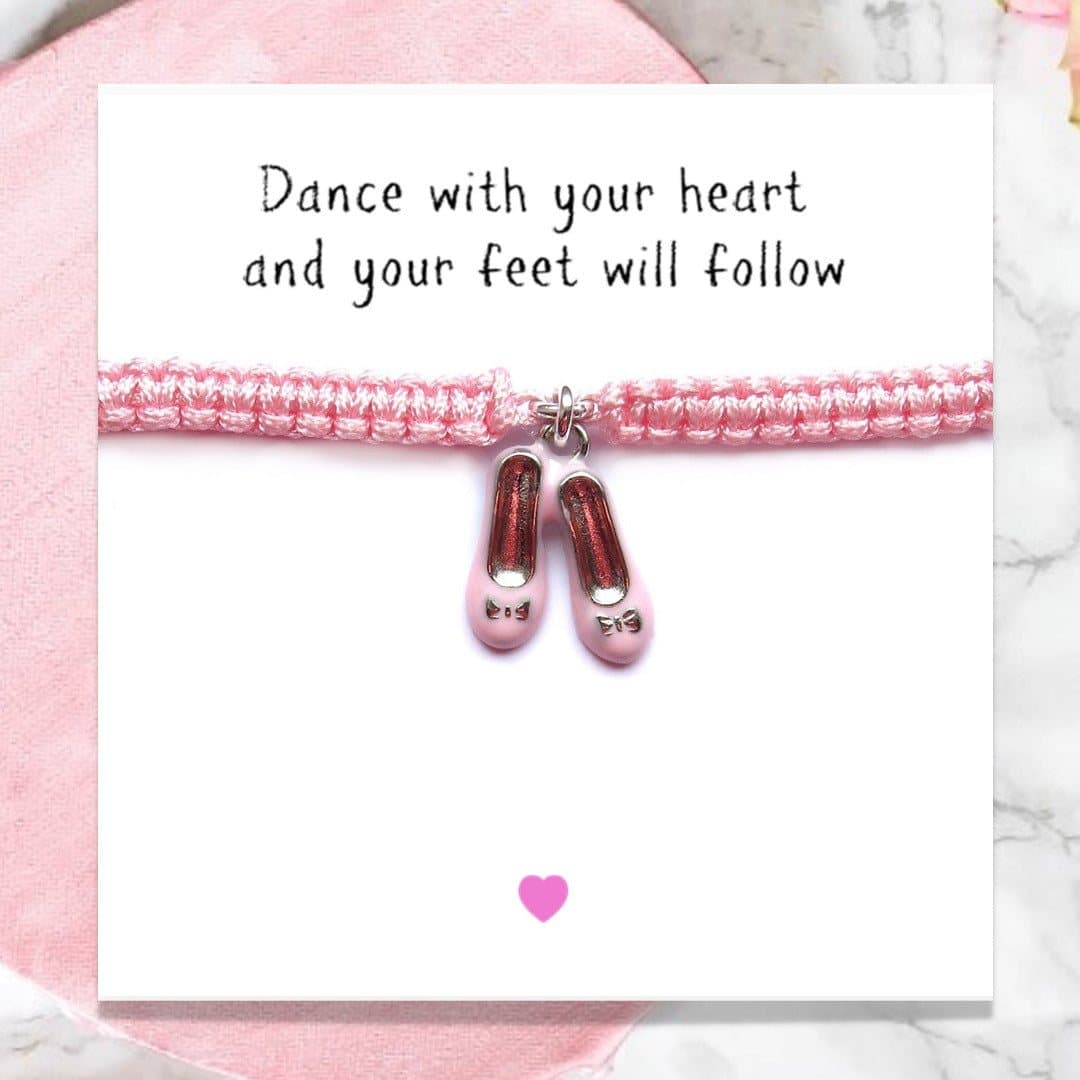 Pink enamel ballet shoes friendship bracelet on braided nylon cord, with a gift card
