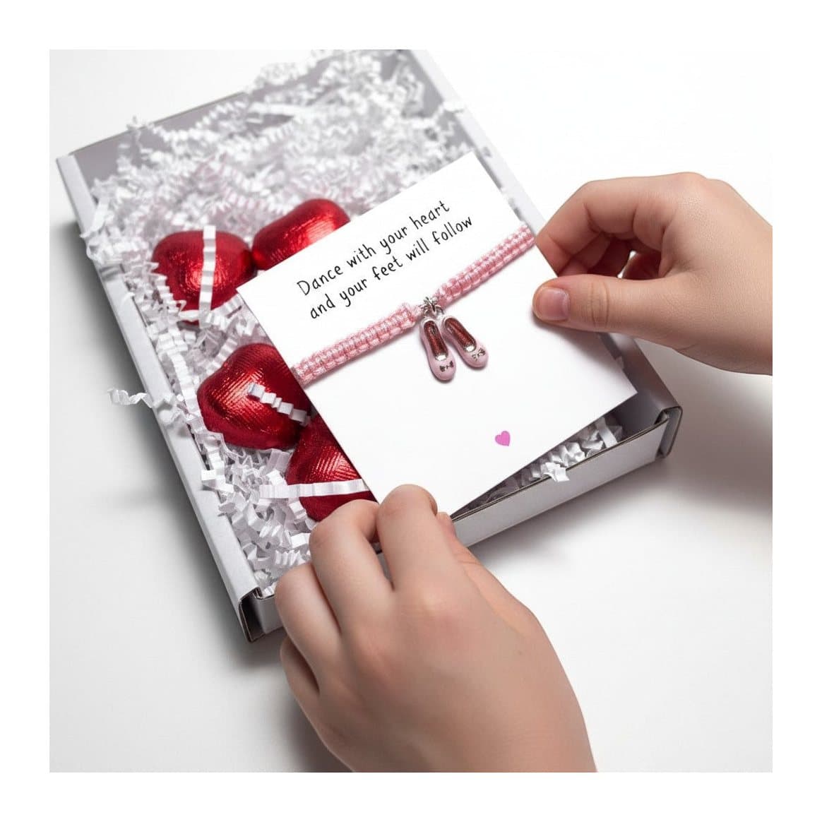 Ballet shoes friendship bracelet and milk chocolate hearts in a mini gift hamper