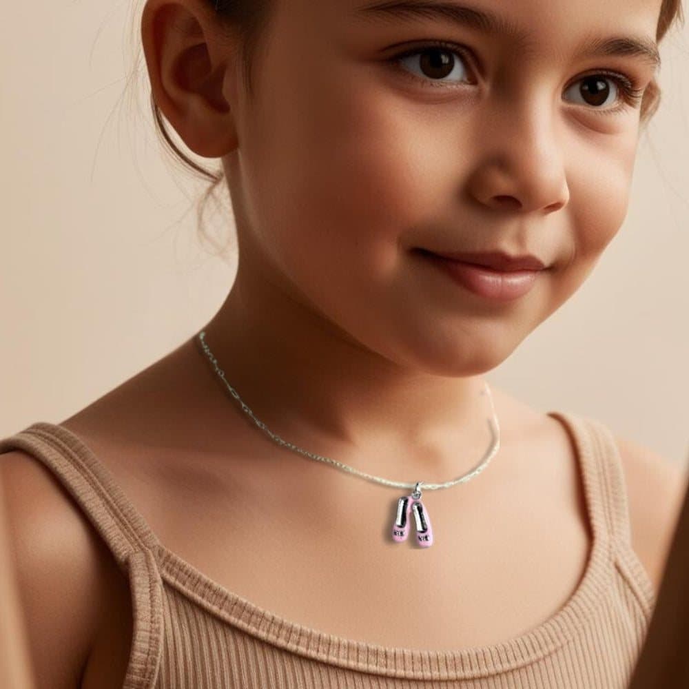 Pink ballet shoe charm necklace with a pink square jewellery box