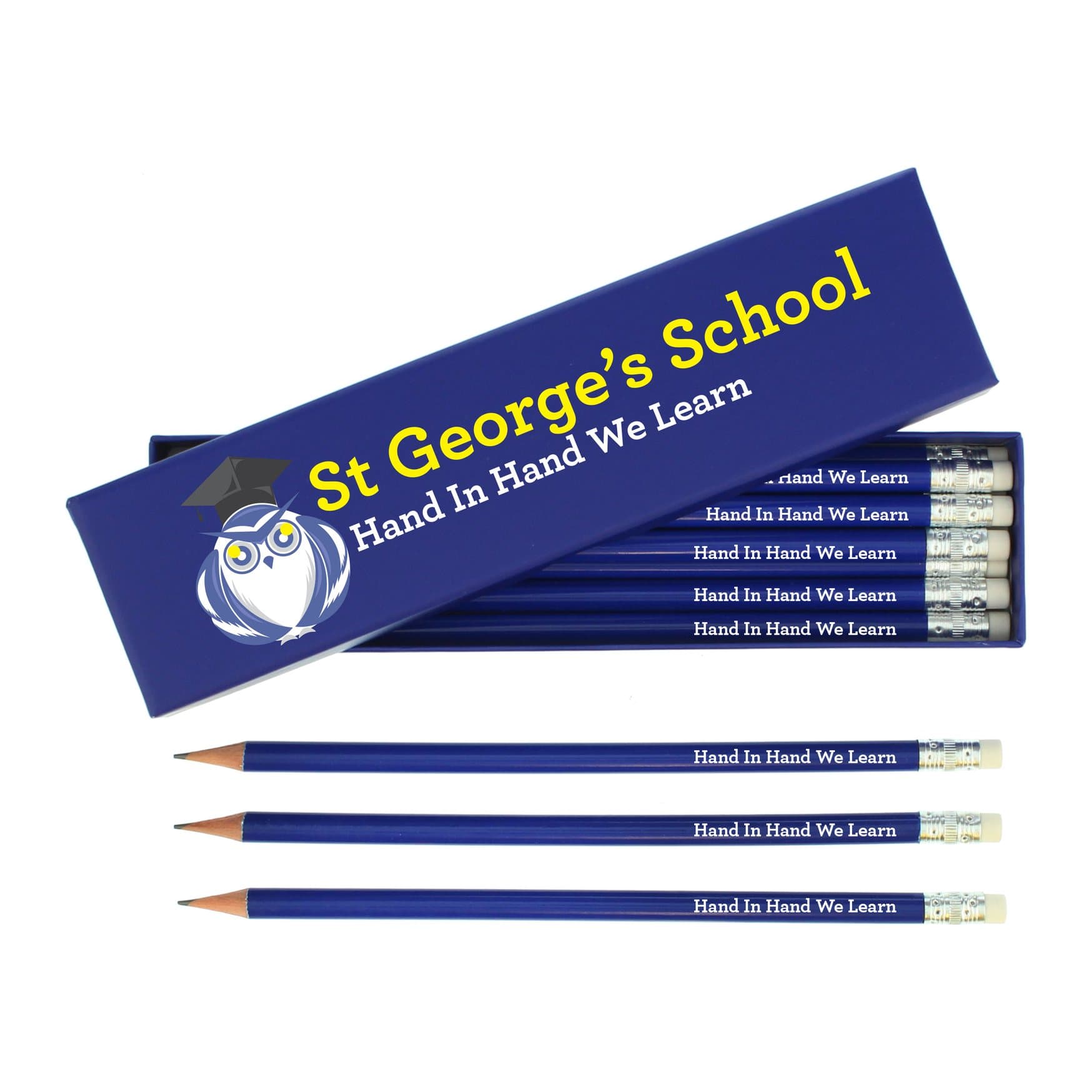 Set of blue pencils with erasers and a box, printed with a custom design