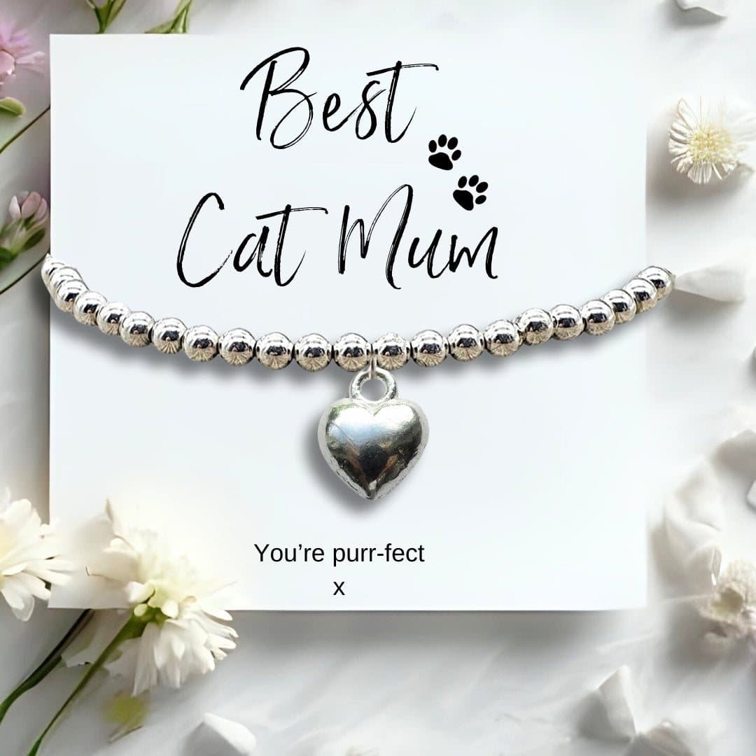 Silver plated heart bracelet with a Best Cat Mum message card
