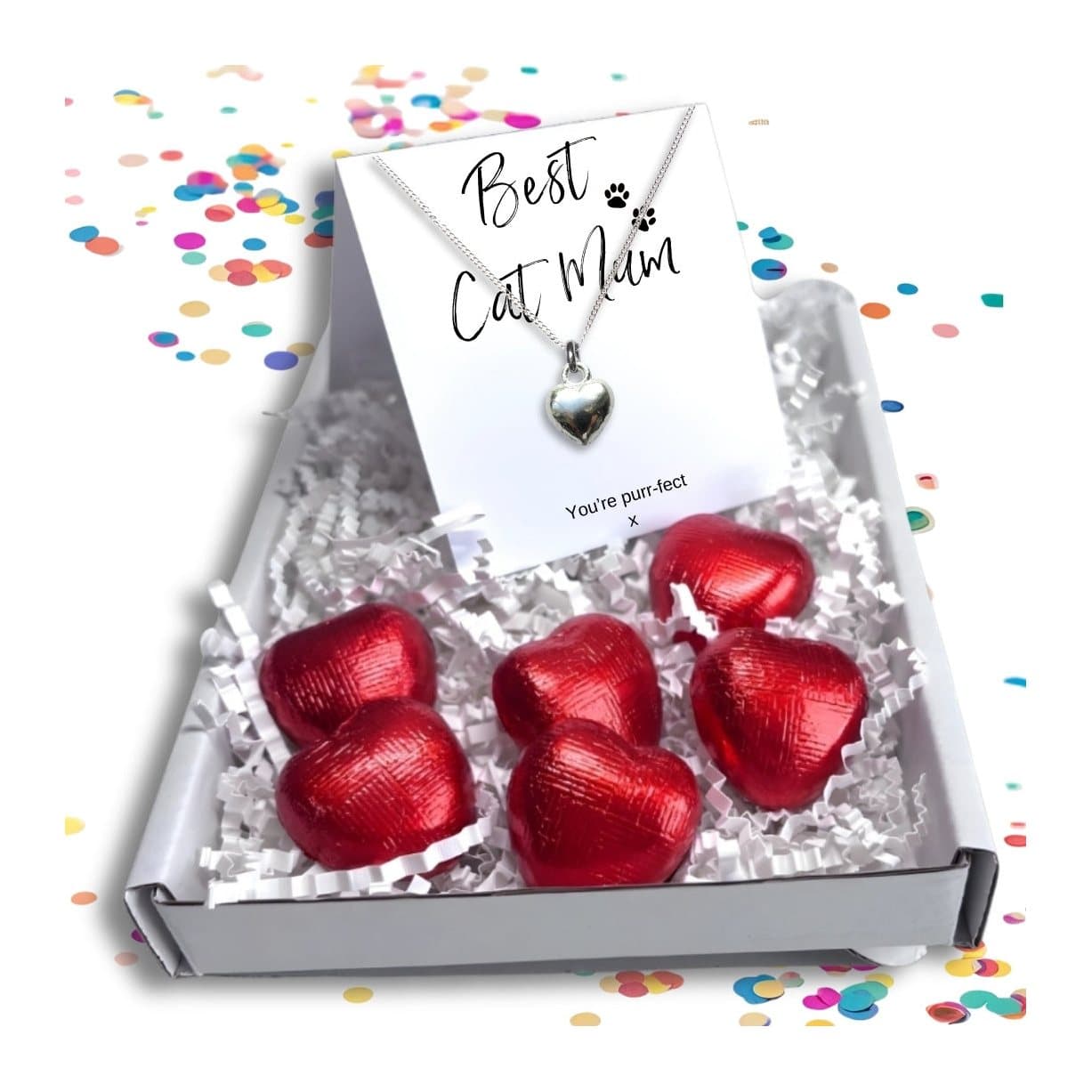 Cat mum gift box with silver heart necklace and red foiled chocolate hearts