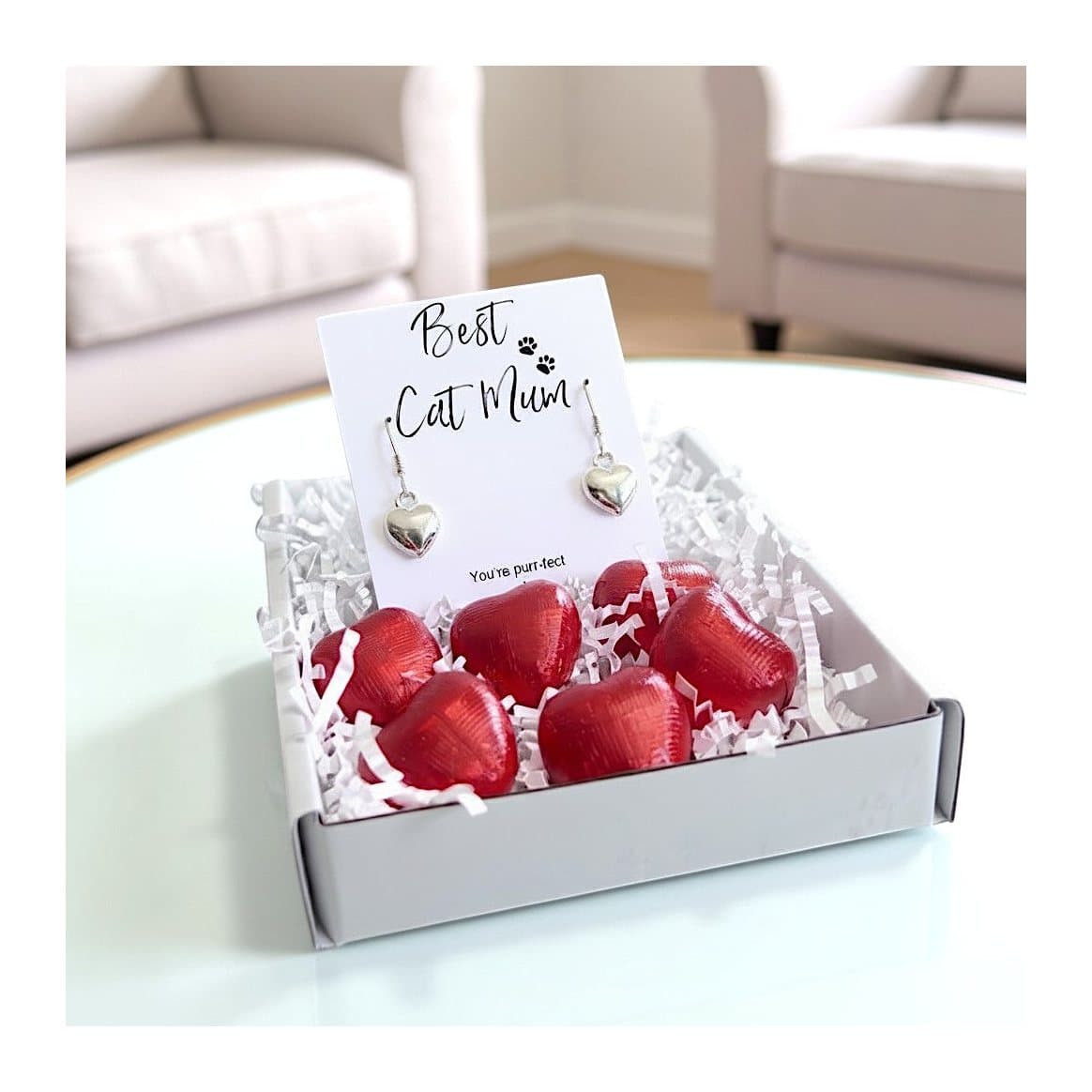 Mini gift hamper with silver heart earrings and a Best Cat Mum card
