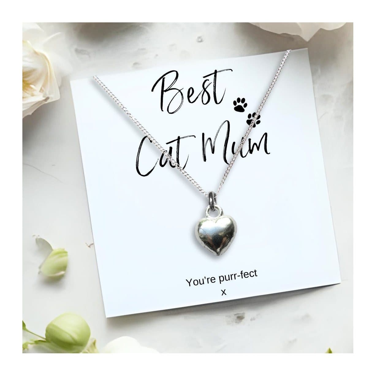 Silver heart charm necklace on a chain, with a Best Cat Mum message card