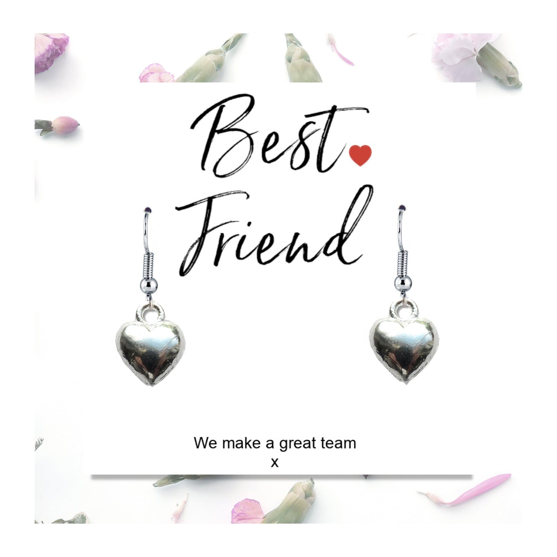 Silver heart charm earrings presented on a gift card reading We make a great team