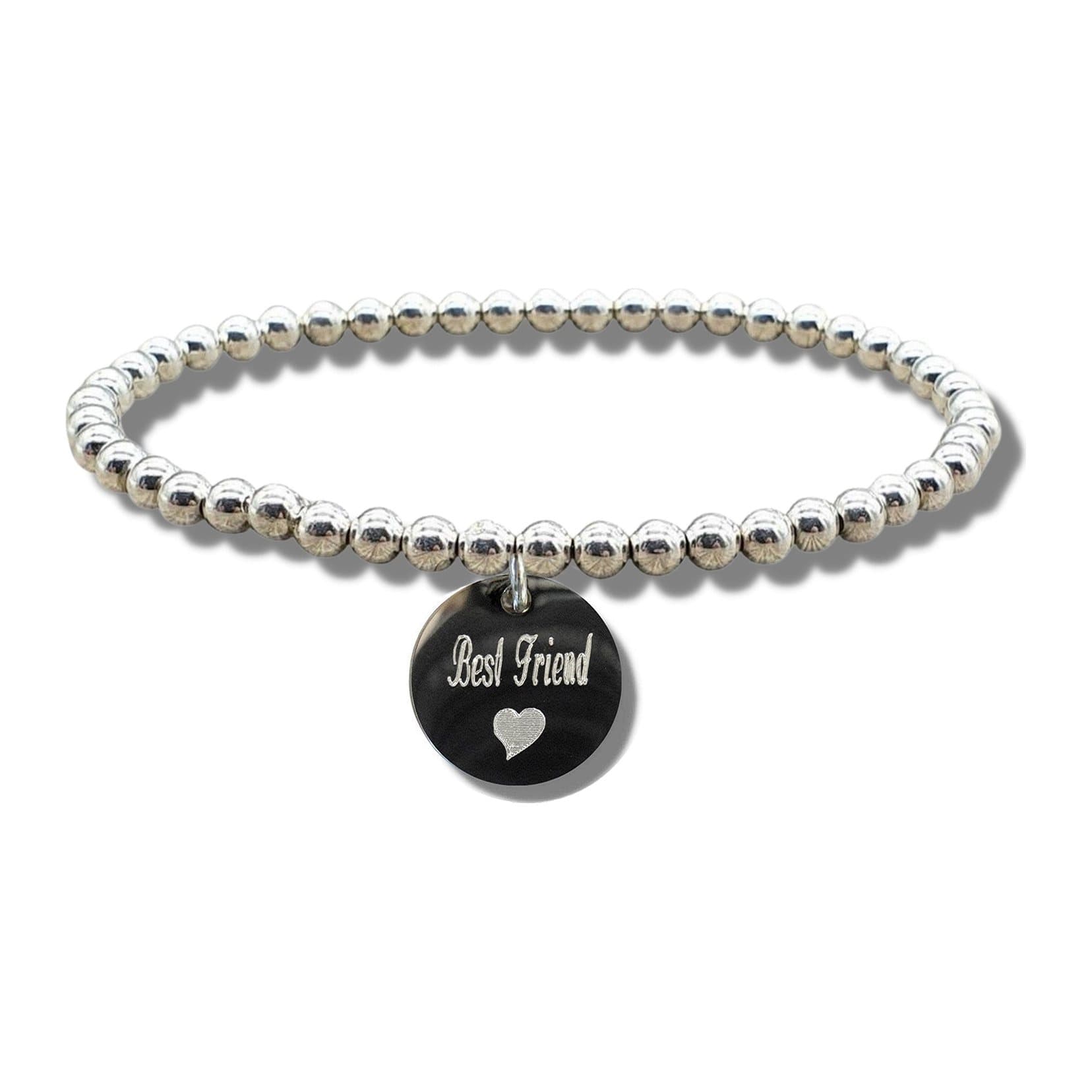 Silver stretch bracelet with a round silver disc engraved Best Friend and a heart symbol