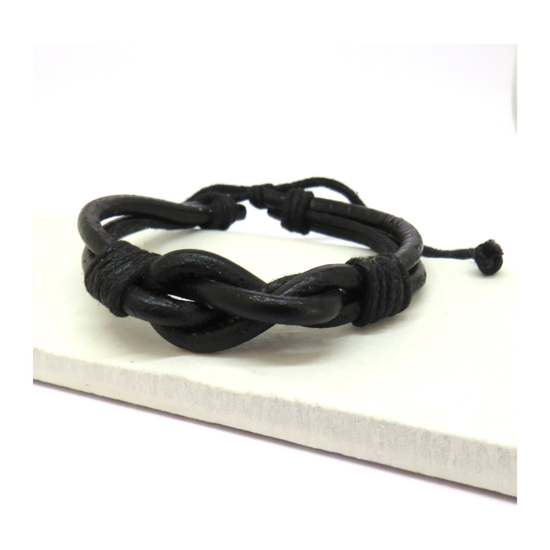 Black leather knot bracelet for men with an adjustable cord