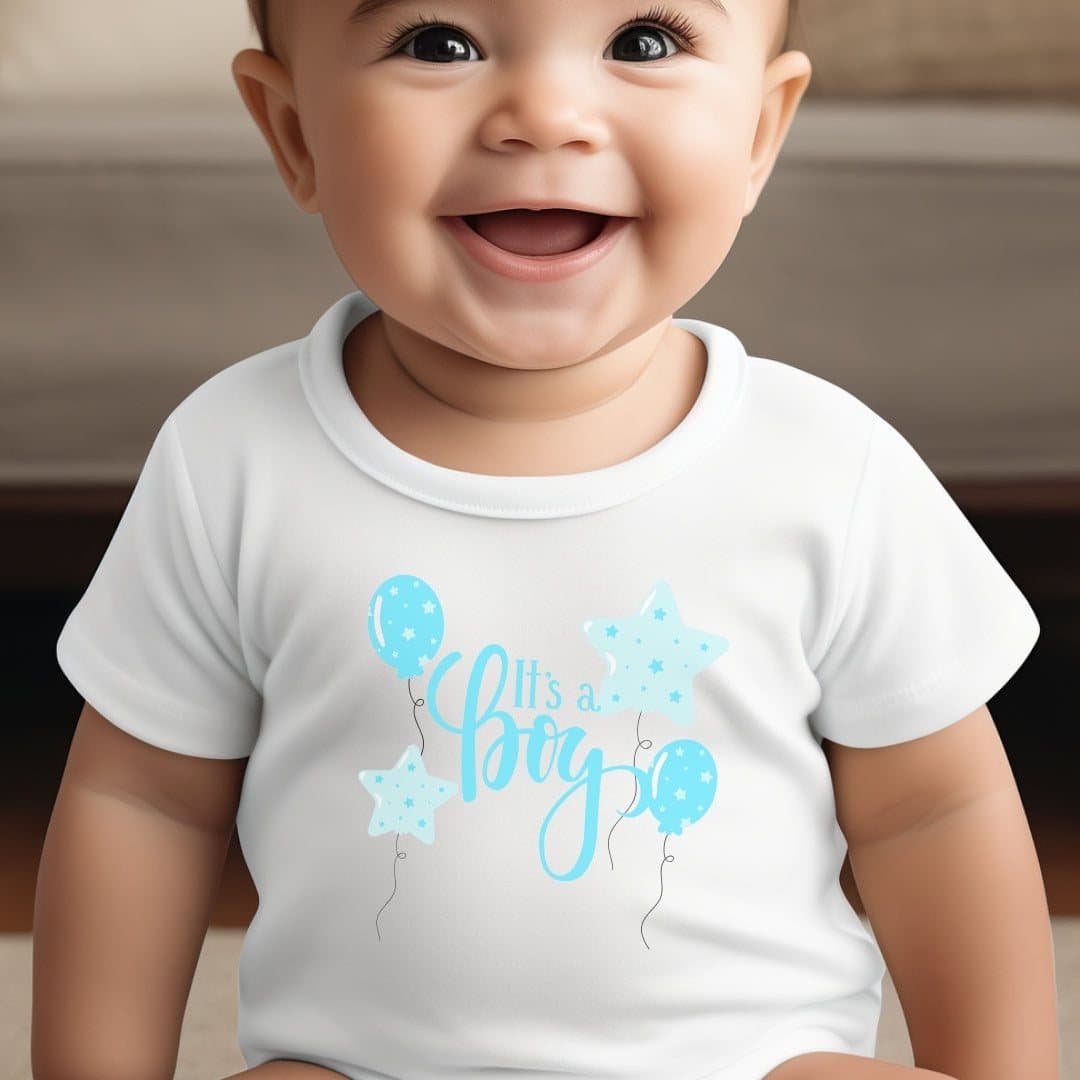 Blue It's a Boy baby grow with a personalised name printed on it