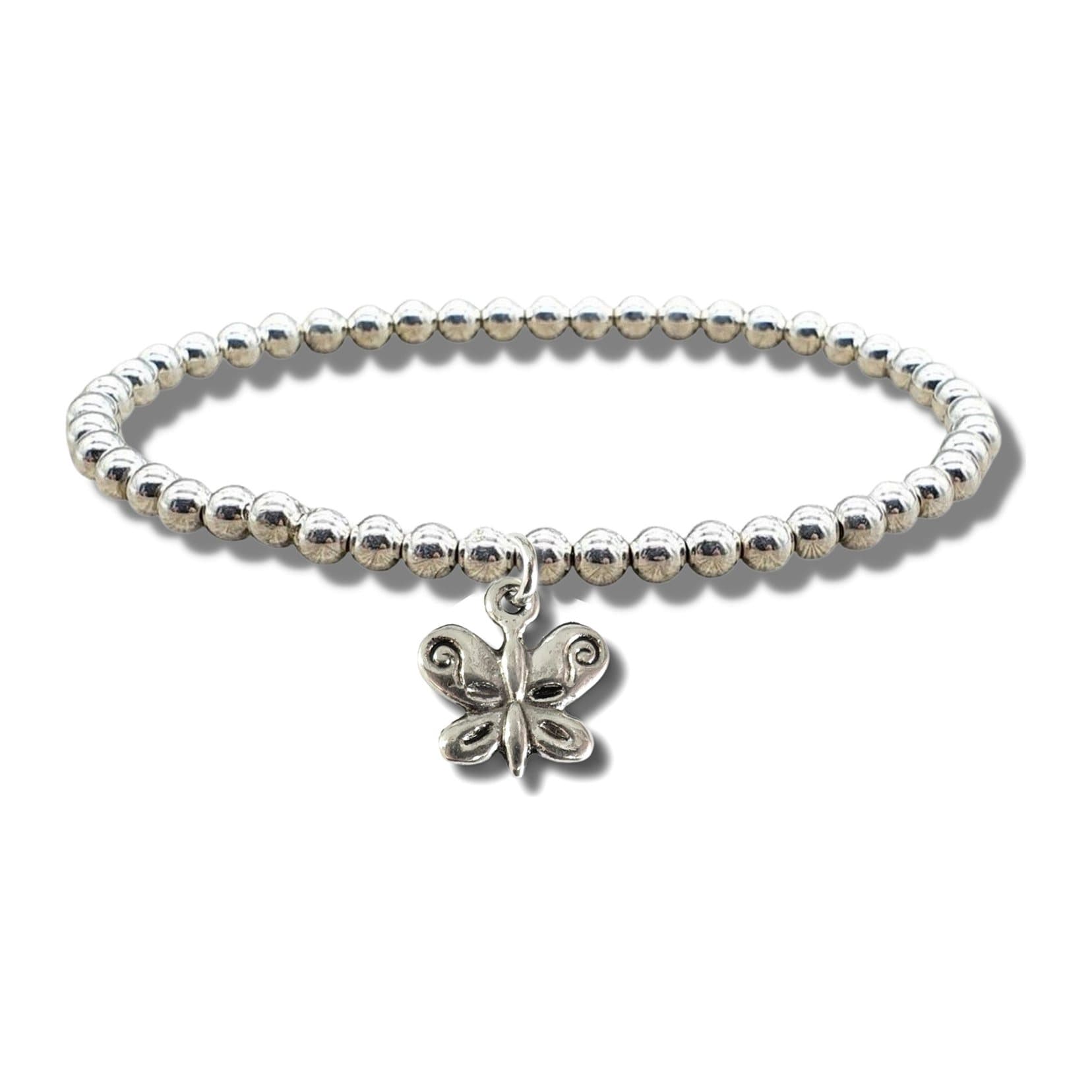 Silver beaded stretch bracelet with a silver plated butterfly charm