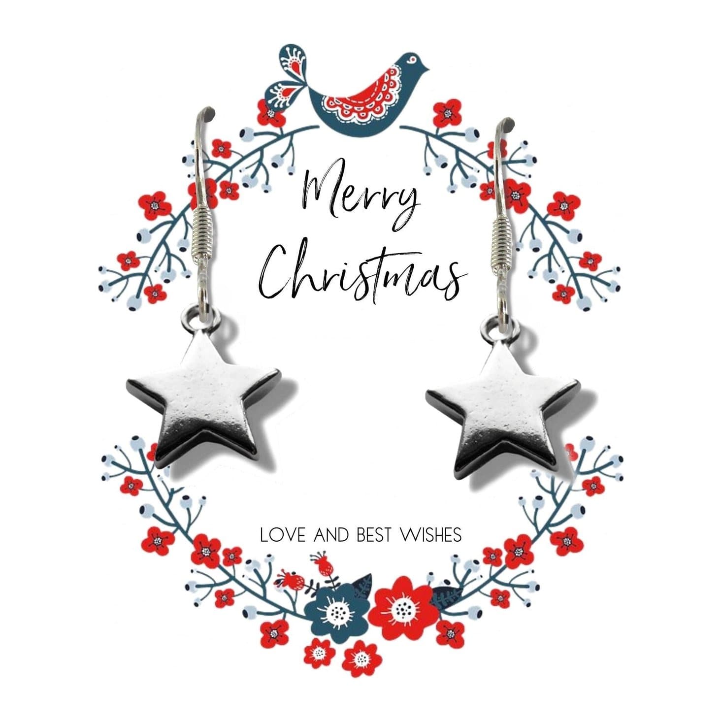 Silver star earrings with a Merry Christmas card
