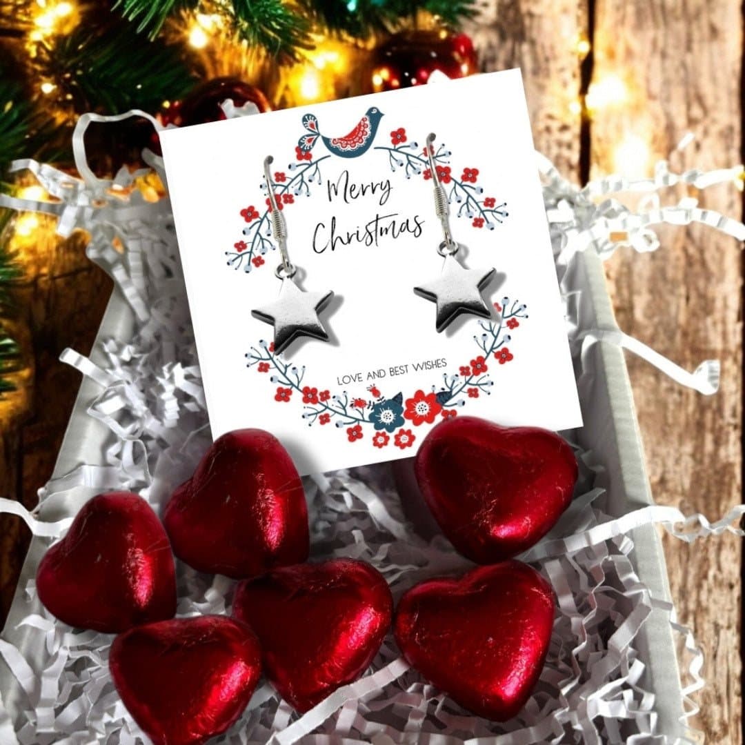 Mini Christmas hamper with silver star earrings and red foiled chocolate hearts