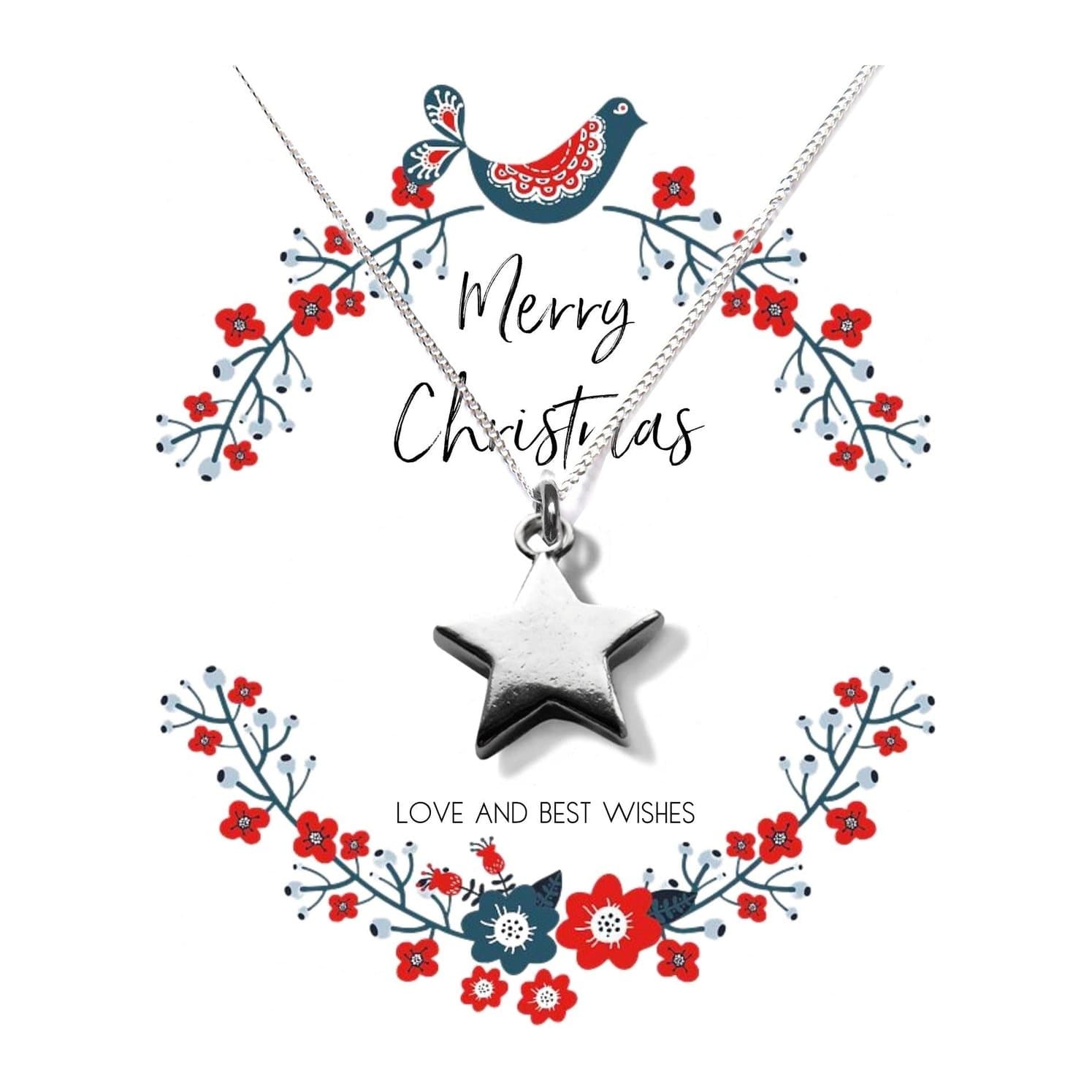 Silver star charm necklace on a card reading Merry Christmas