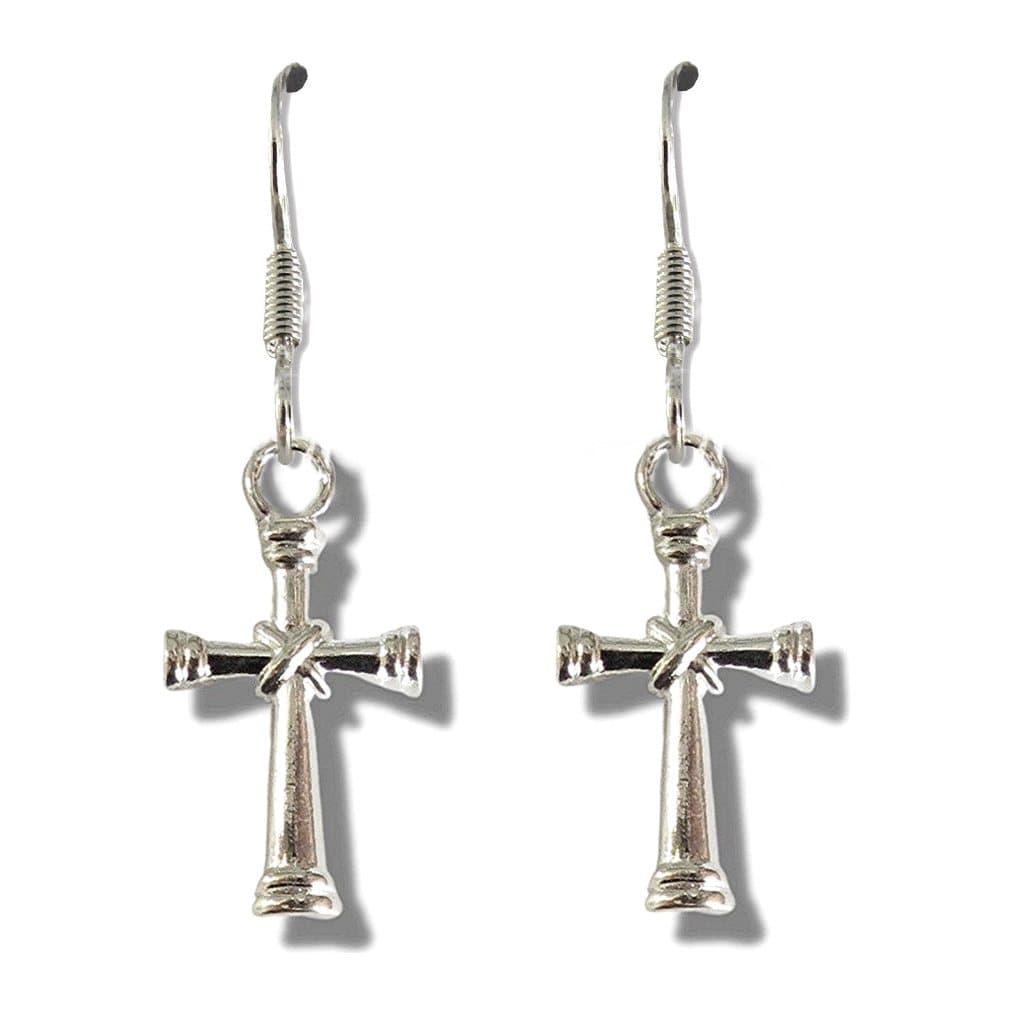 Silver plated cross drop earrings with nickel free drop hooks