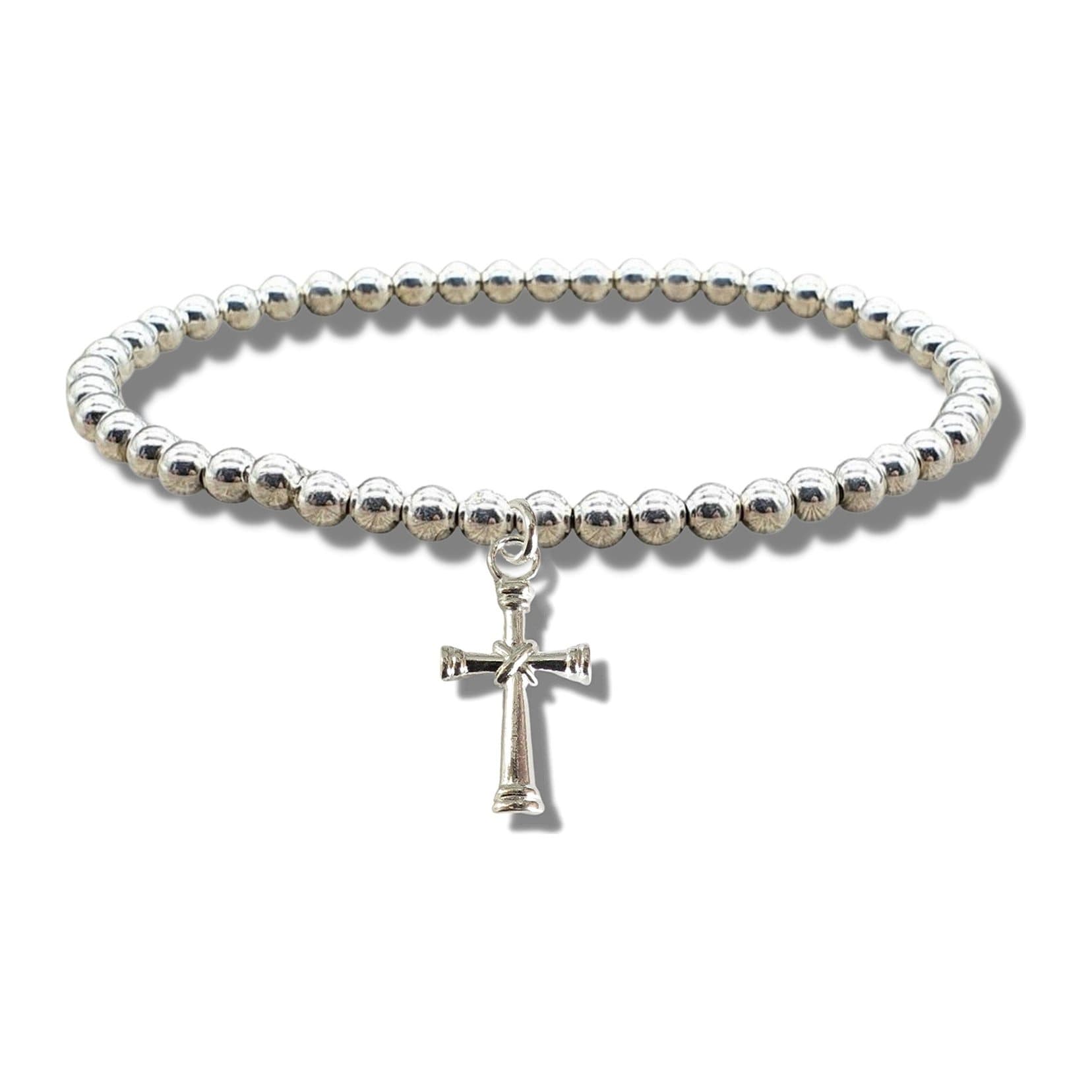 Silver cross beaded stretch bracelet with silver plated balls and a cross charm