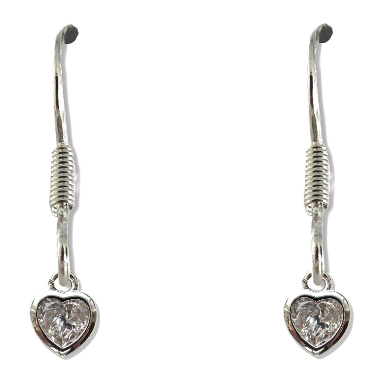 Cubic zirconia heart drop earrings with a silver mini heart charm
