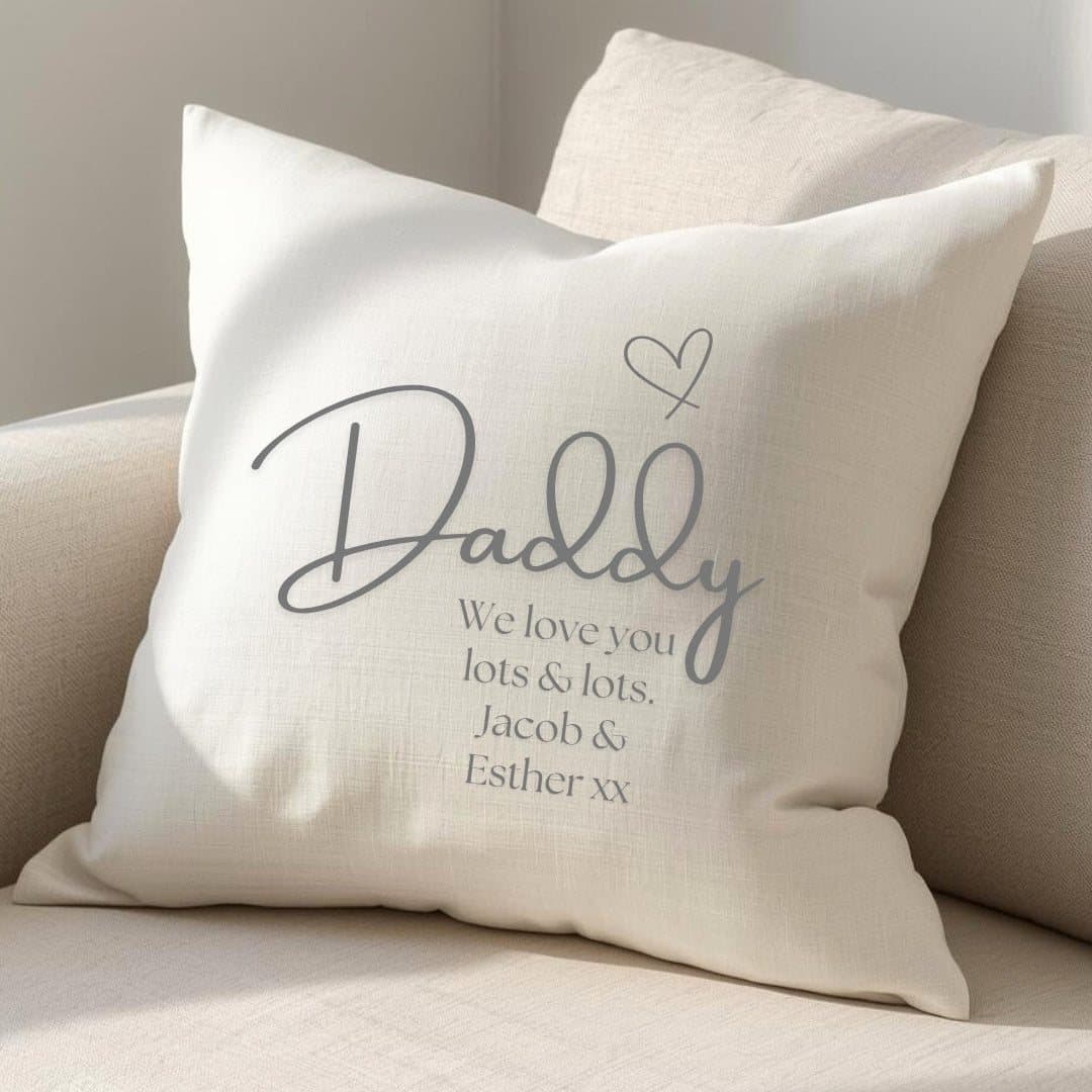 Cream linen-look cushion with a Daddy Est. 2026 design