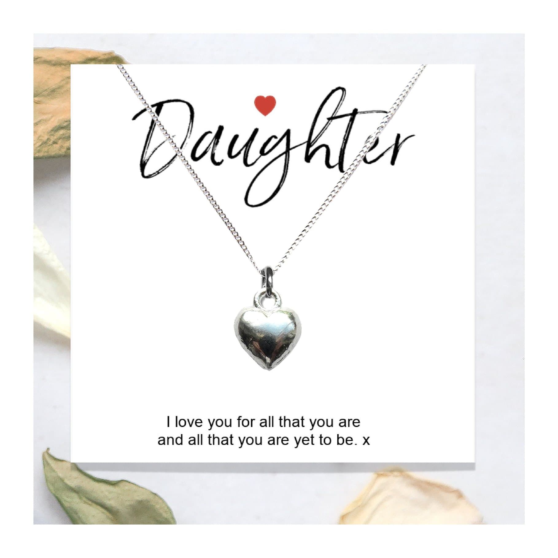 Sterling silver heart necklace on a gift card with the message Daughter I love you