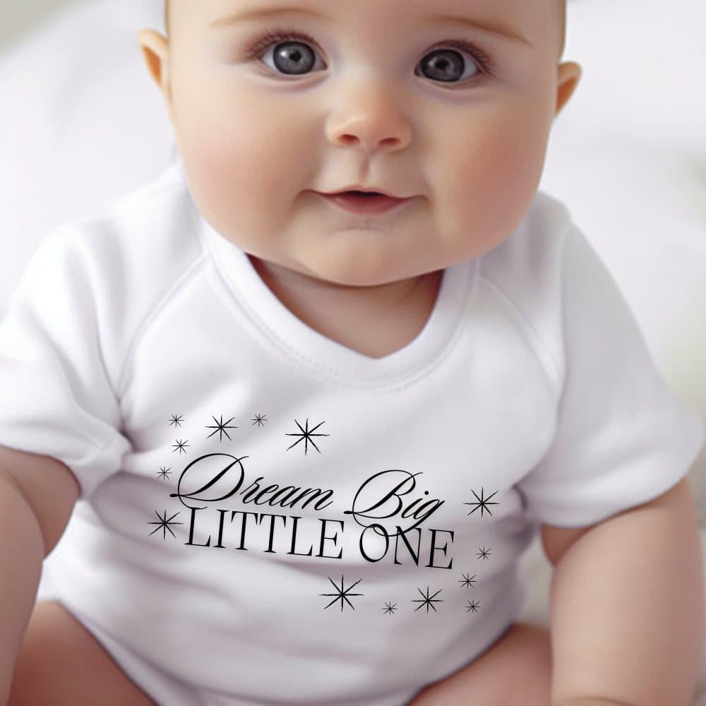 Personalised Dream Big Little One baby grow, vest or bib with the design