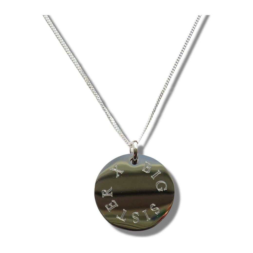 Engraved necklace with a BIG SISTER X disc on a silver chain