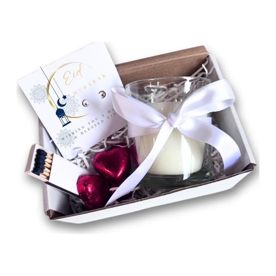 Eid Mubarak moon hamper with white candle, earrings card and foiled chocolate hearts