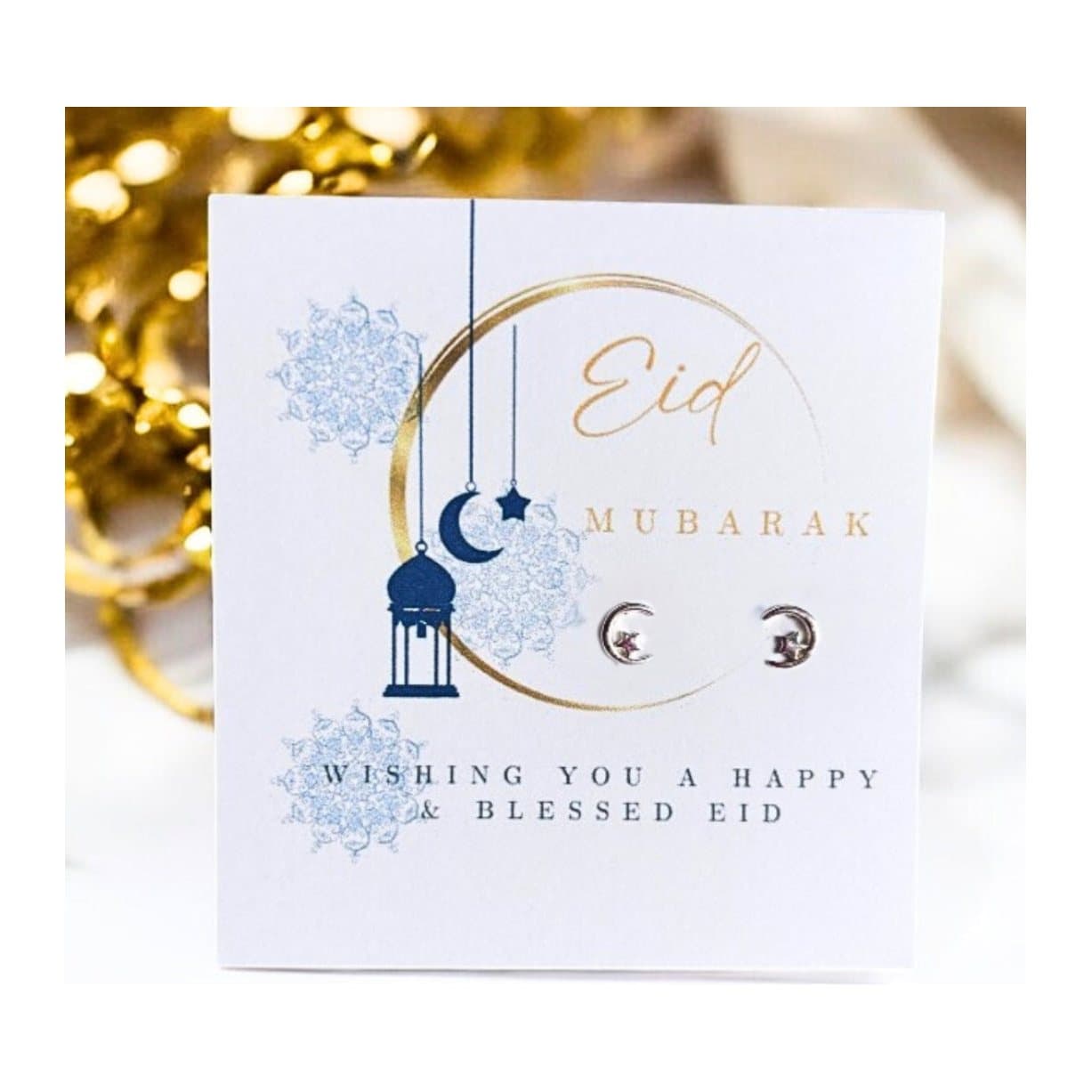 Sterling silver moon and star earrings with an Eid Mubarak message card