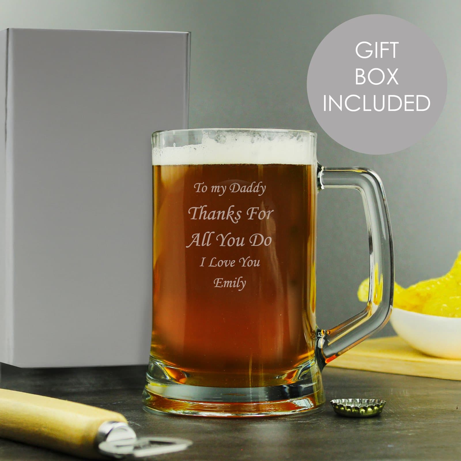 Glass pint stern tankard engraved with a message