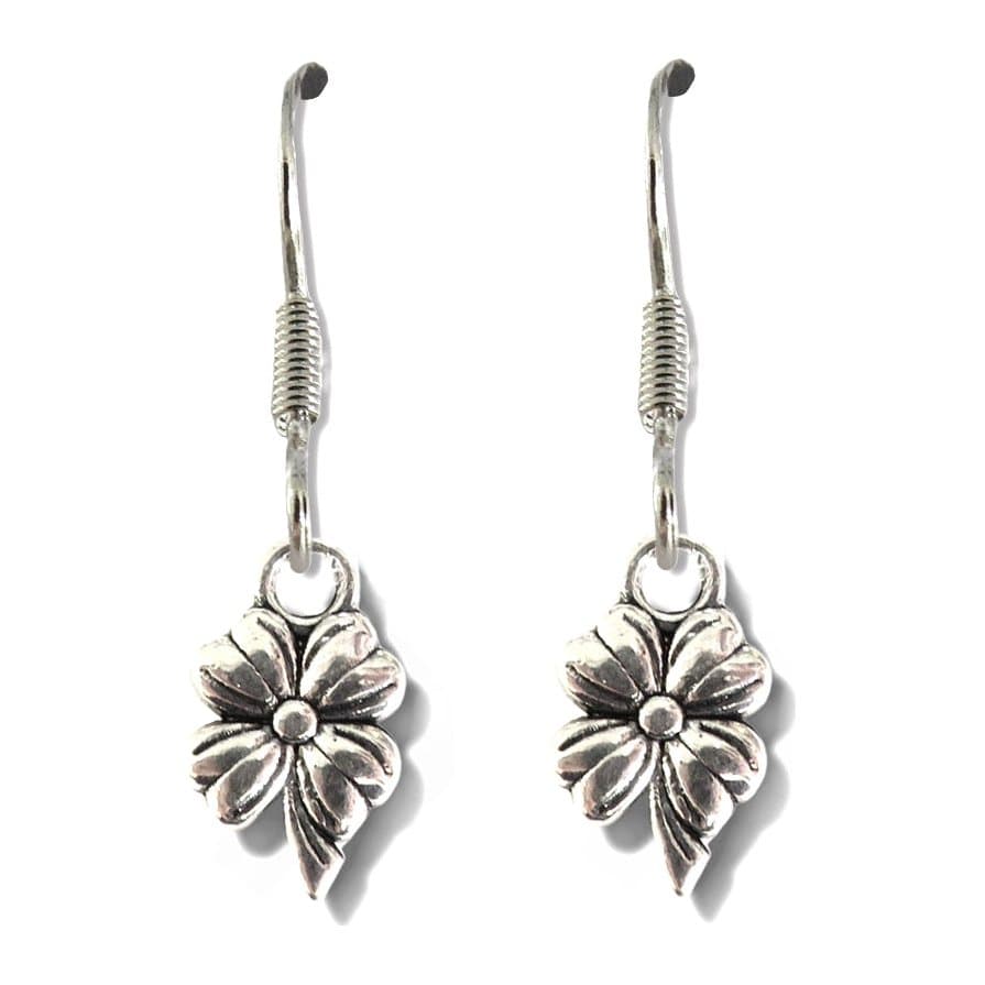 Silver plated flower drop earrings with a flower charm and drop hooks