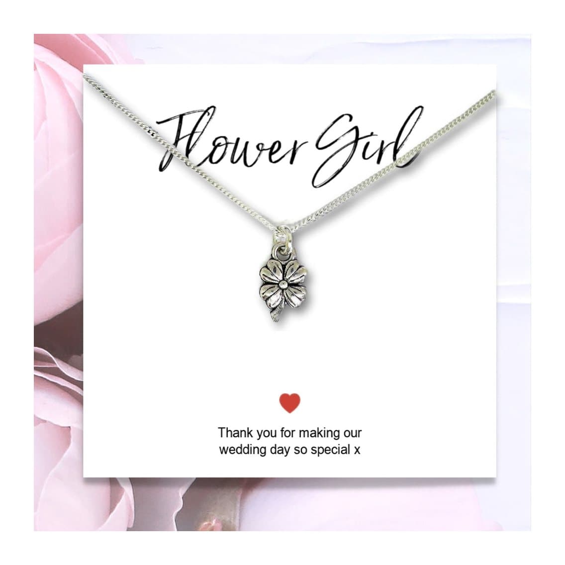 Silver flower girl necklace with a flower charm and a thank you card