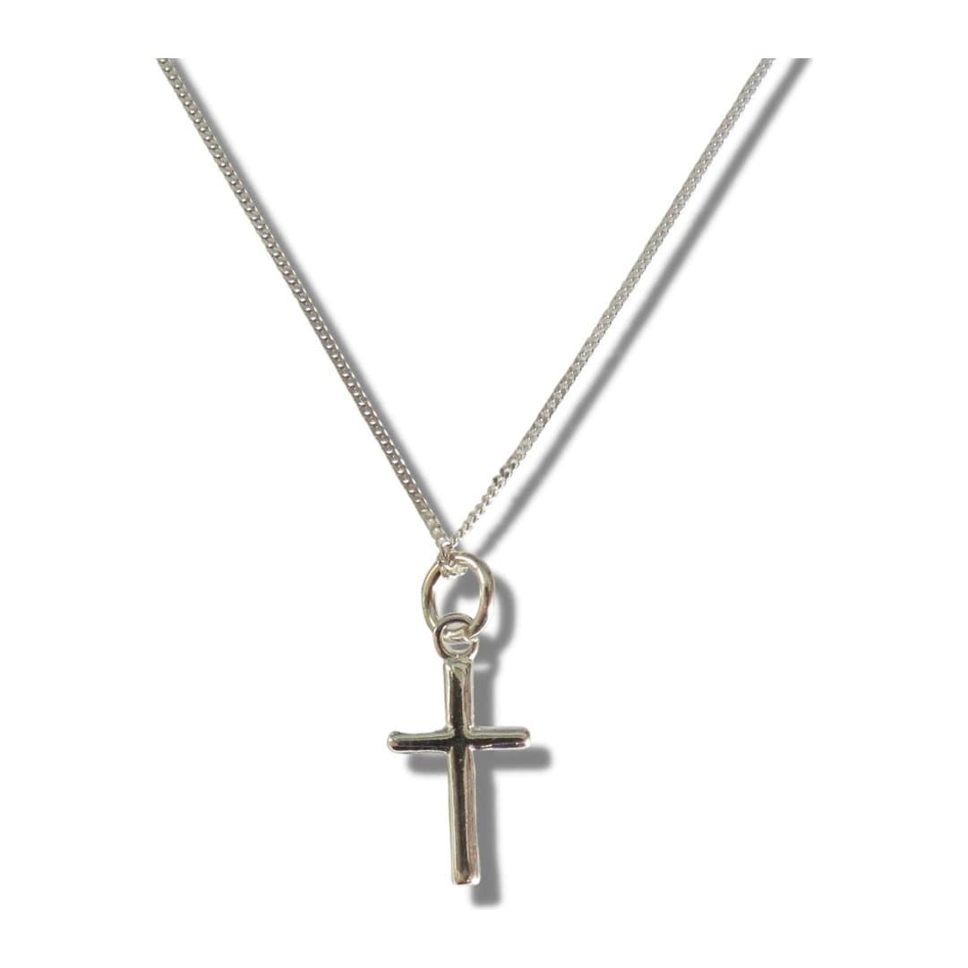Girls mini cross necklace: a small cross charm on a 16 inch sterling silver chain